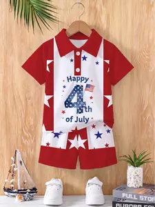 Blue Star Print Polo Set, Casual Holiday, Summer New Boys' Clothing, Slim-Fitting Suit with Button