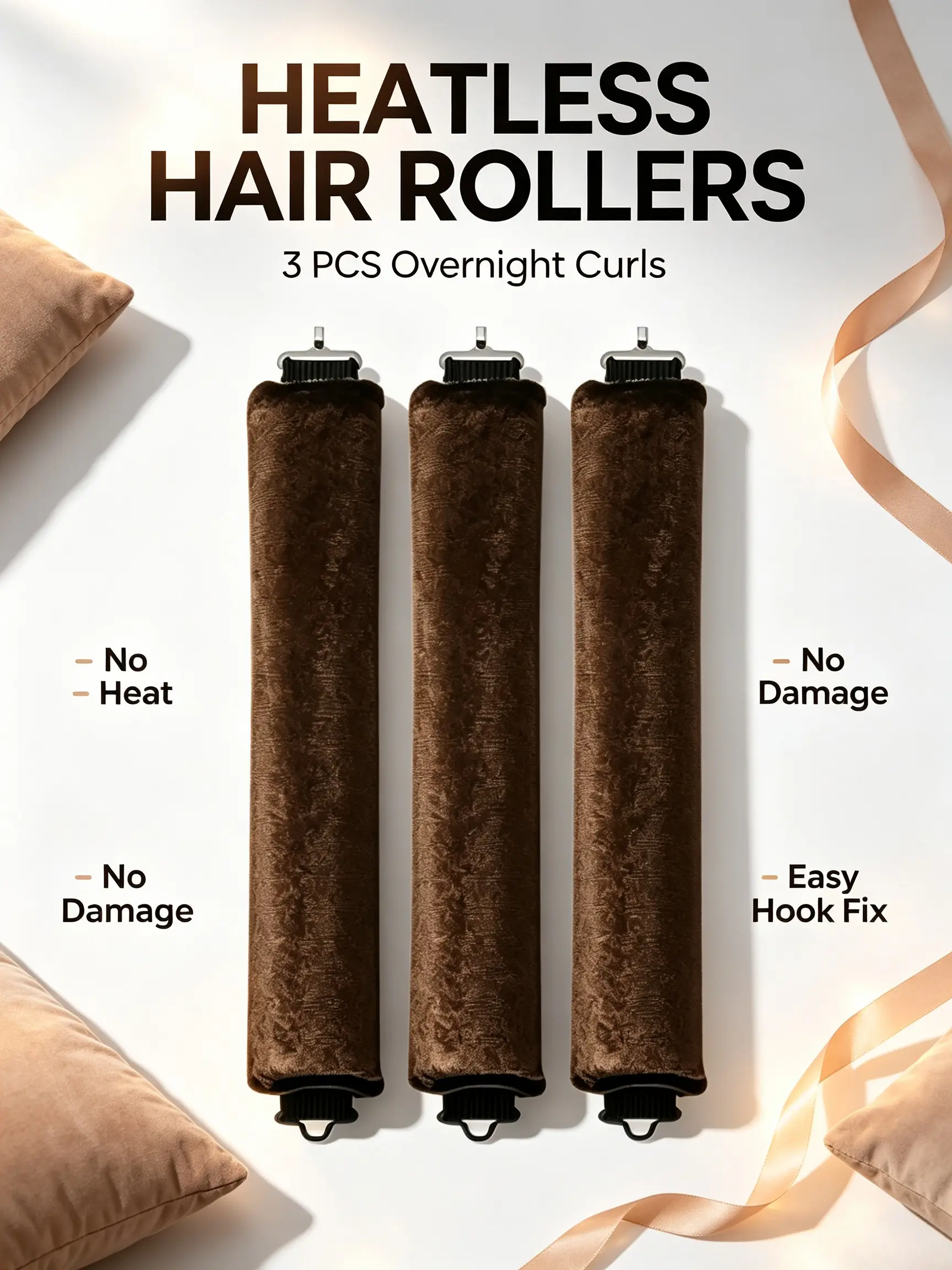 3-Pack Velvet Wrapped Soft Foam Hair Rollers, Overnight Heatless Curlers, No Heat Damage, Comfortable Sleep Use, DIY Natural Waves, Portable Non-Slip, Gift Idea