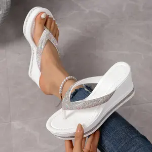 Women's Rhinestone Embellished Wedge Flip Flops, Thick Platform Sparkle Thong Sandals, Open Toe Slip On Casual Summer Beach Daily Outdoor Footwear Y2K Black Thigh-High Studded Heels