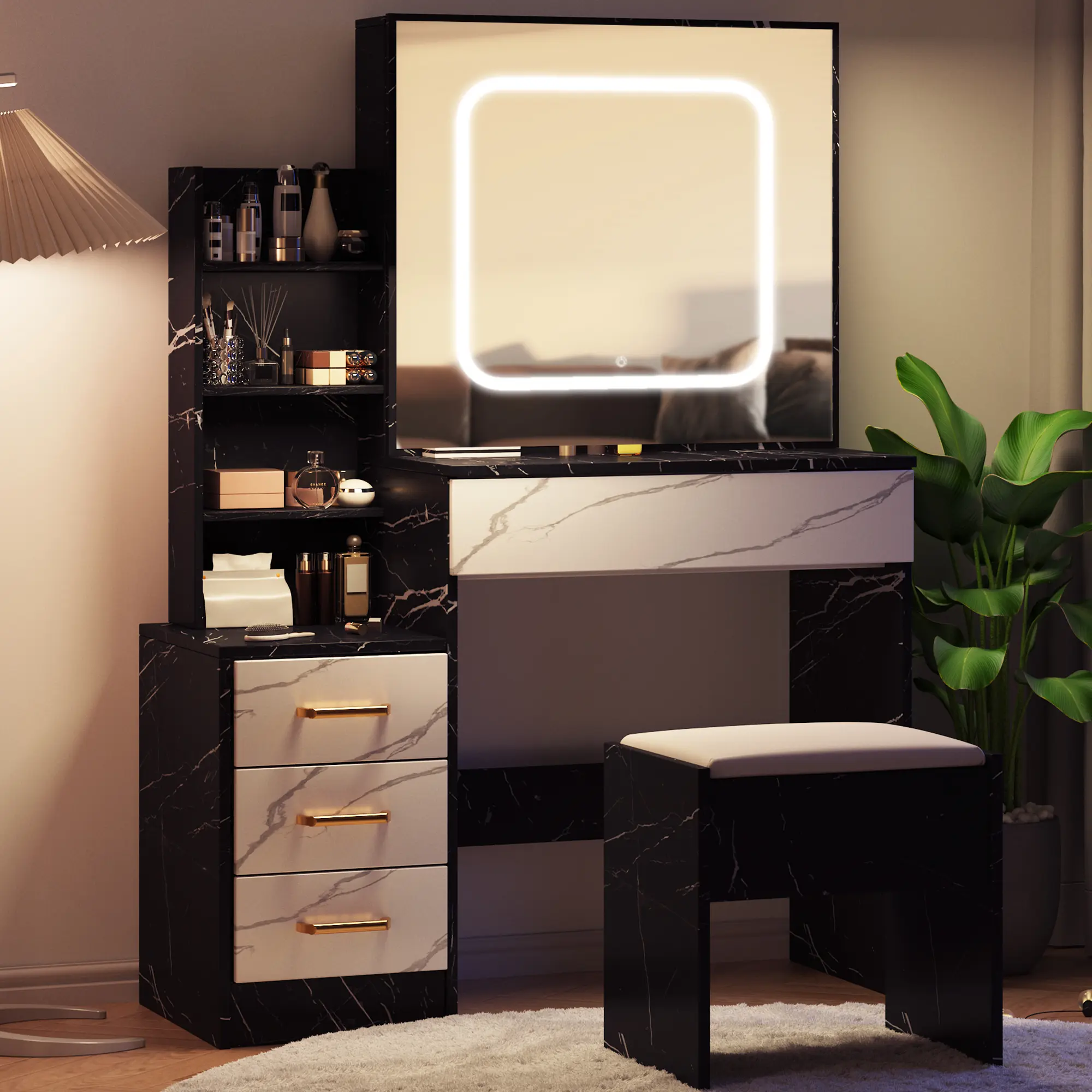 Garvee Vanity Desk Set with Sliding Lighted Mirror - LED Lights, 3 Color Modes - Charging Station & Power Outlet - 4 Drawers, Open Shelves & Cushioned Stool for Bedroom