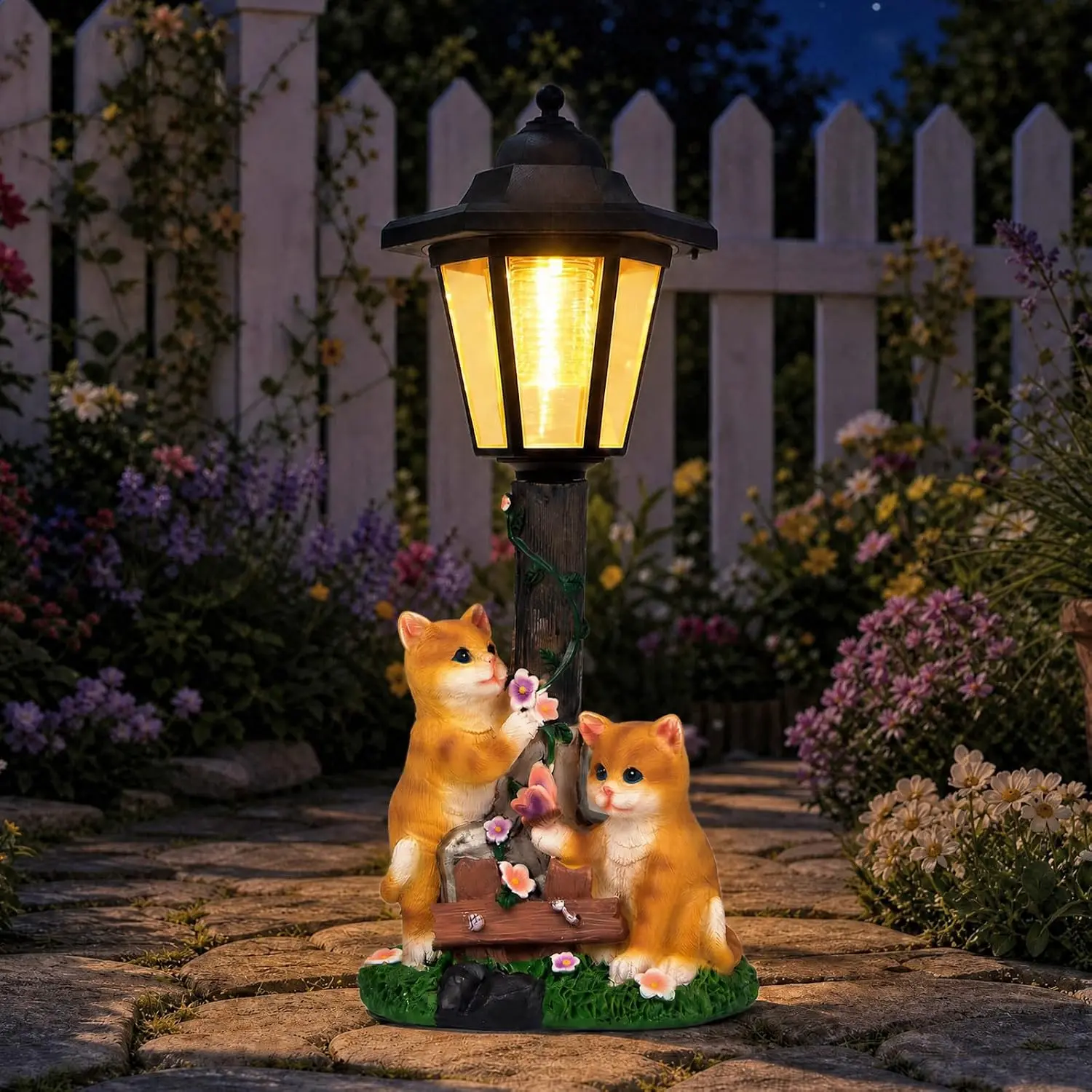 Solar Cat Garden Decor Statue with Lantern, Outdoor Home Decor for Patio Yd, Ideal Gift for Mother's Day Housewarming, Solar Outdoor Lights, Resin Figures