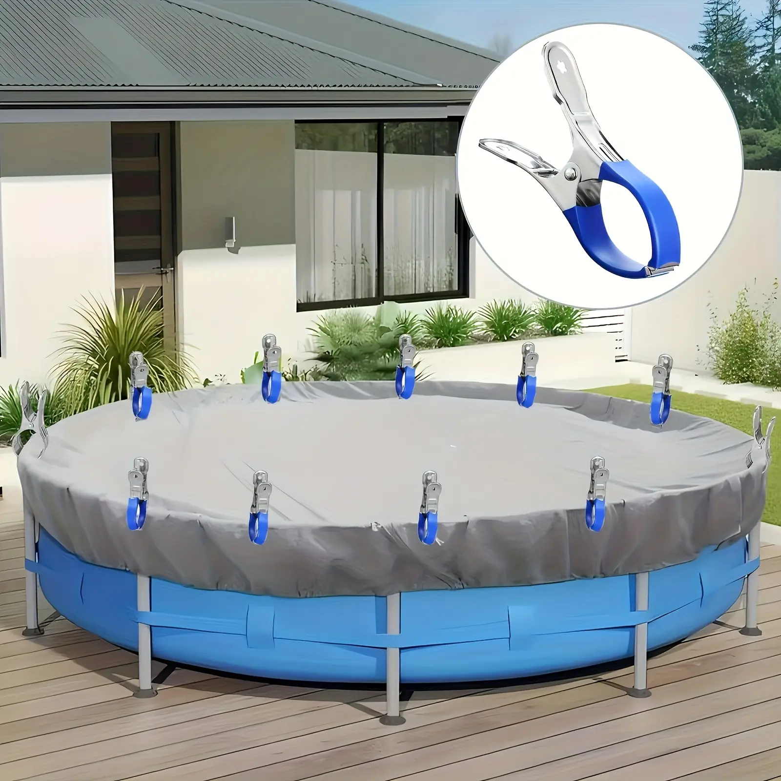 12-Pack Stainless Steel Bulk Pool Clamps - Windproof Grip Spring Clamps, Corrosion-Resistant Metal with Durable Plastic Handles, Secure Fastening for In-Ground Pool Covers, All-Season Outdoor Use