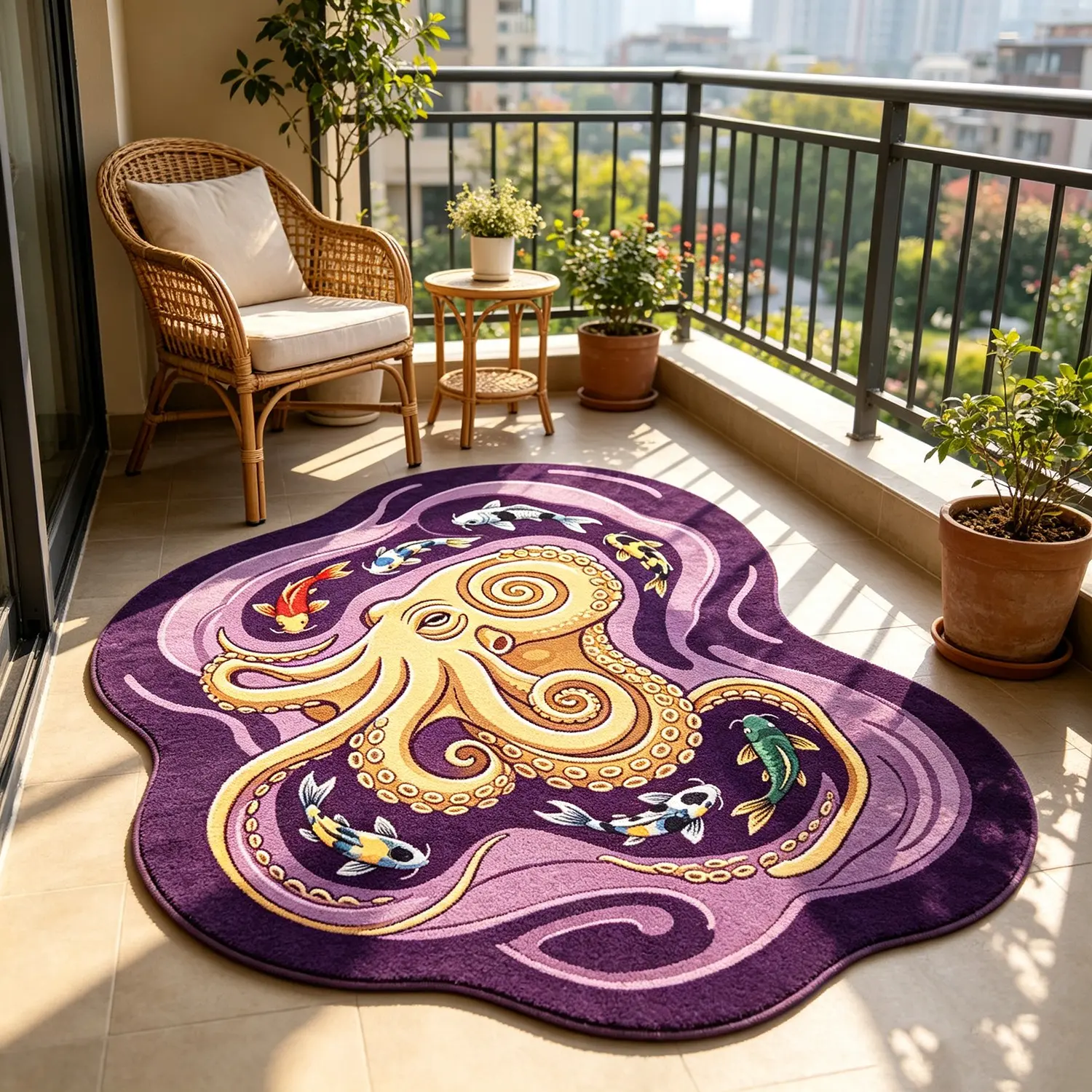 Deep Sea Octopus Koi Bedside Rug, Vintage Creative Bedroom Mat, Hand Washable Home Foot Pad, Style Decorative Carpet
