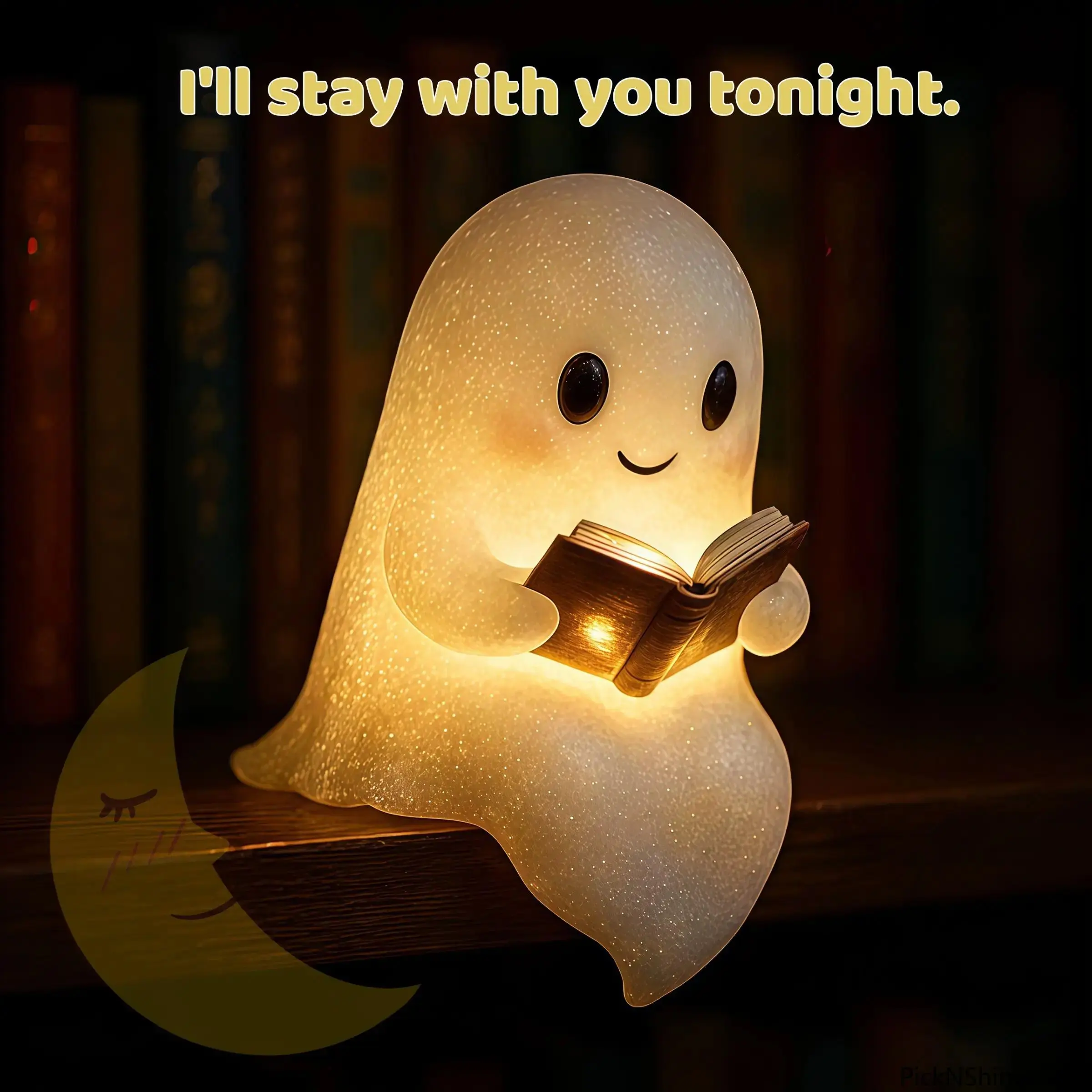 Adorable Glow Ghost Reading Book Ornament, Cute Resin Figurine Night Light Home Decor, “I’ll Stay With You Tonight” Halloween Atmosphere Decoration, Cozy Desktop Shelf Lamp for Bedroom, Office, and Festival Gift