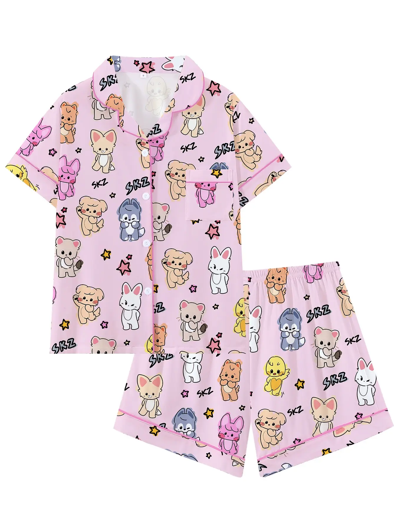 Women's Cute Korean Idol Cartoon Print Pajama Set, Short Sleeve Open Front Two-Piece Lounge Wear, Role Play Sleepwear, Fan Gift, Loungewear