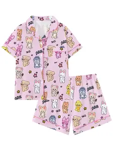 Women's Cute Korean Idol Cartoon Print Pajama Set, Short Sleeve Open Front Two-Piece Lounge Wear, Role Play Sleepwear, Fan Gift, Loungewear