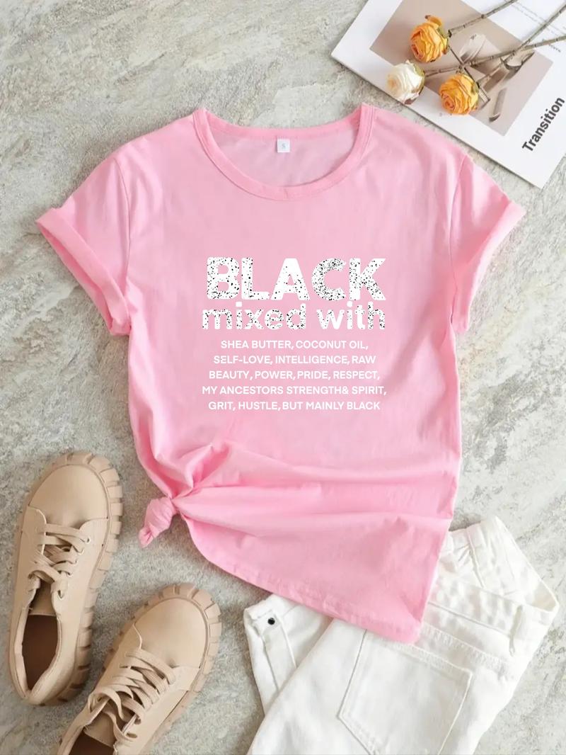 Women's Letter Print Round Neck Tee, Summer Clothes Women, Casual Short Sleeve Crew Neck T-Shirt for Summer, Fashion Women's Top for Daily Wear