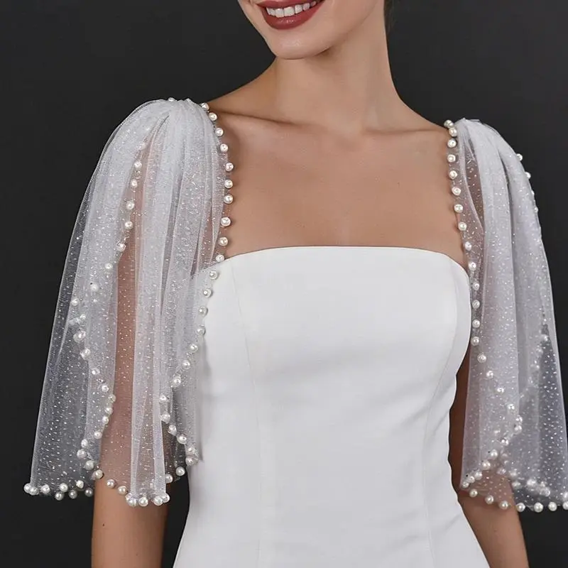 Gauze Pearl Short Tulle Shoulder Cape Fake Sleeves Bridal Wedding Evening Dress Decoration Arm Covering Shawl Wrap