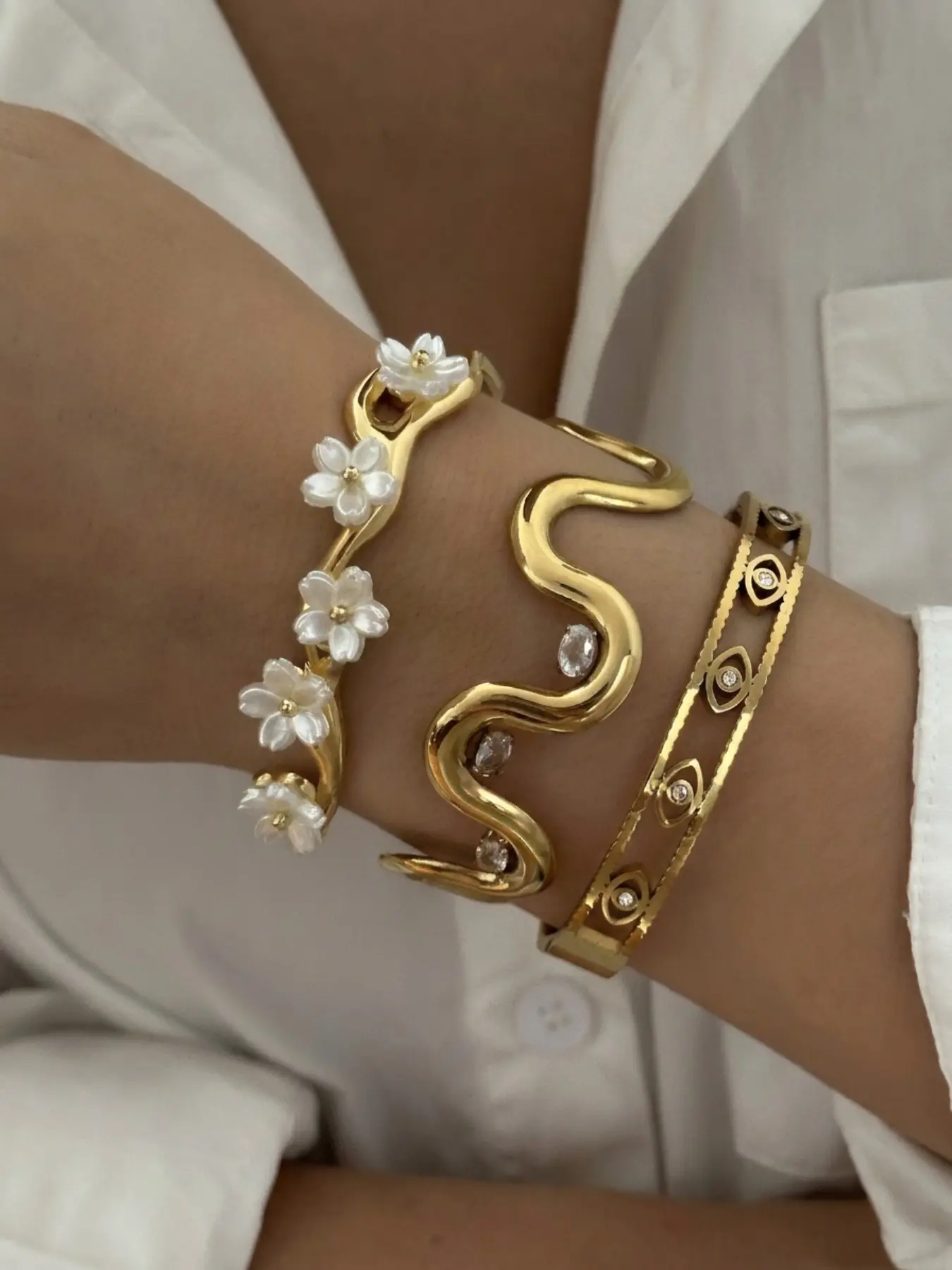 3 Piece Luxury Stainless Steel Bangle Set French Chic Floral Curve Devil Eye Rhinestone Open Cuff Bracelets Women's Accessory for Vacation Date Commute