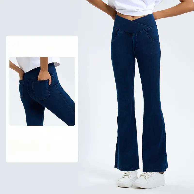 Spring and summer new cross-waist jeans, high elastic hip lift double pocket sports wear yoga fitness bell pants