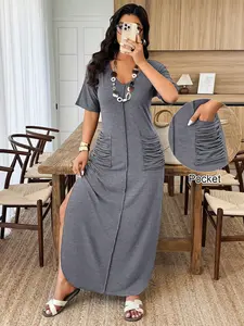 Plus Size Women's V-Neck Casual Dress, Summer Short Sleeve Long Dress with Side Pleated Pockets, Comfortable, Stylish and Chic