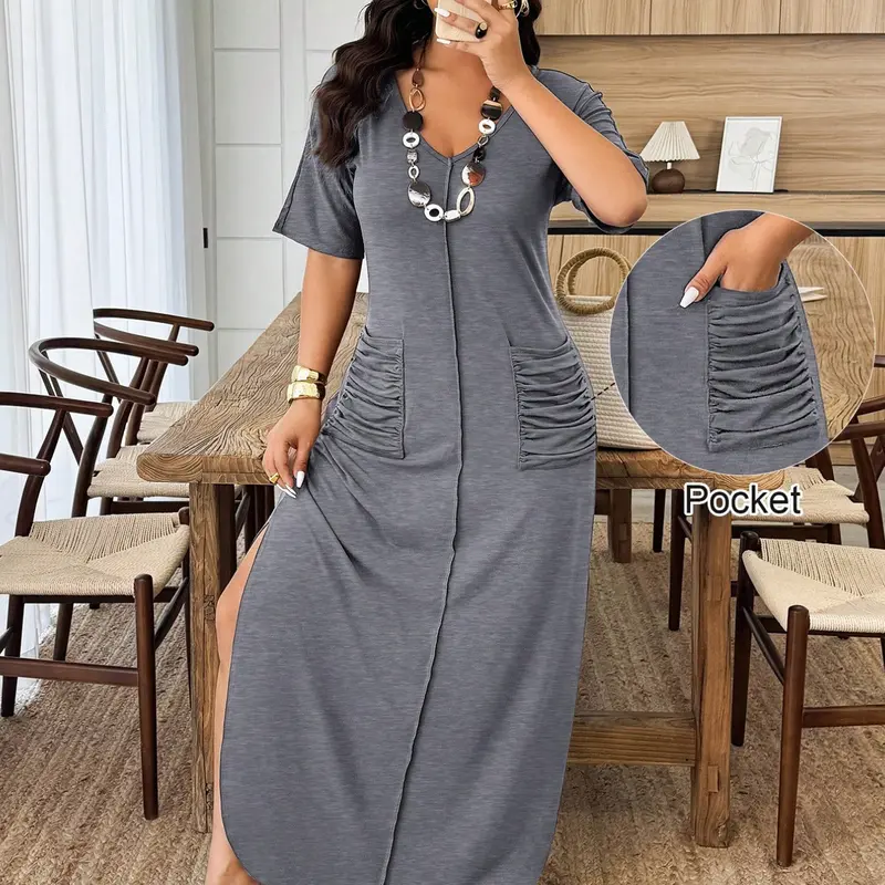 Plus Size Women's V-Neck Casual Fit Dress, Summer Short Sleeve Long Dress with Side Pleated Pockets, Daily Casual Dress, Comfortable, Stylish, Chic, Casual Wear, Everyday