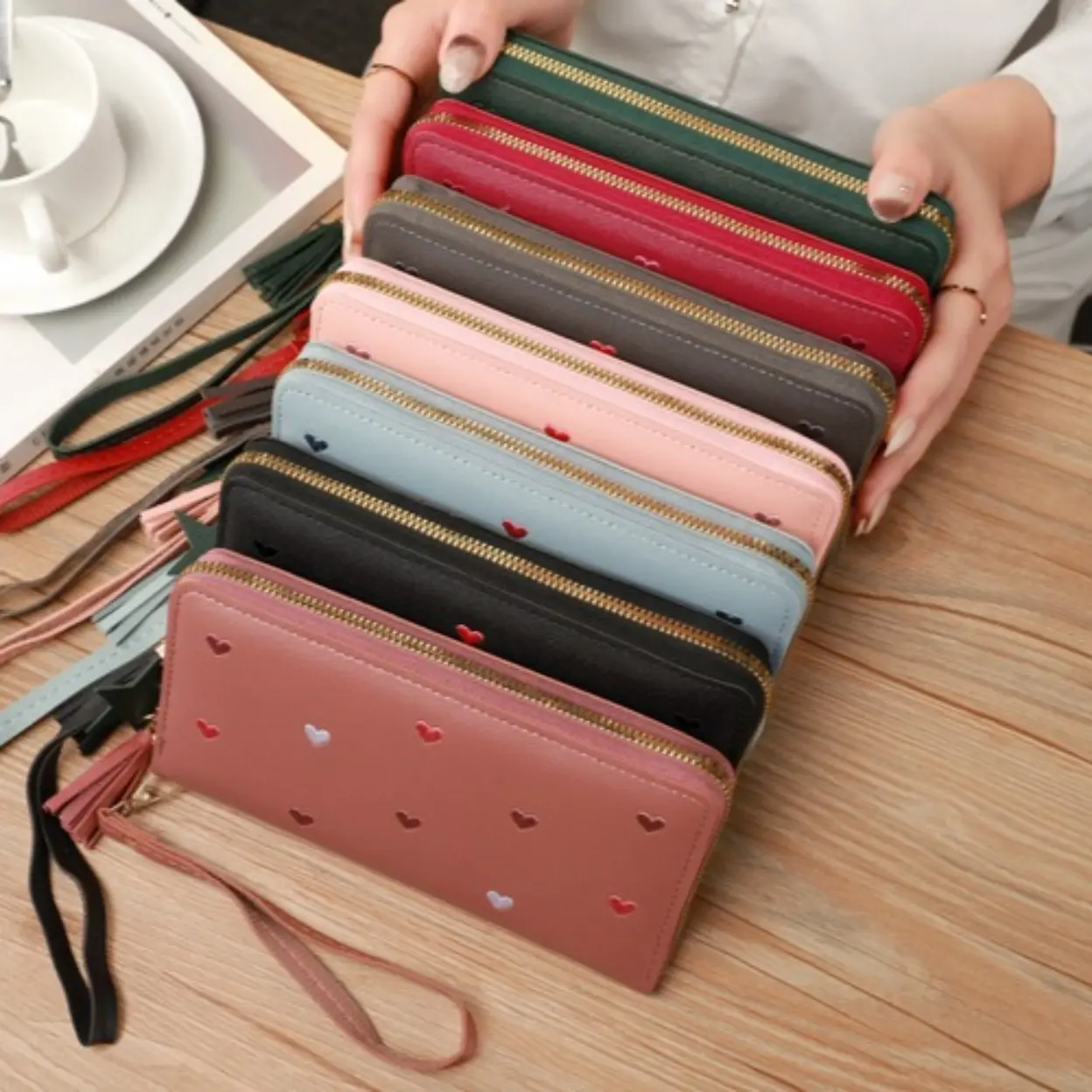 Women’s Cute Aesthetic Heart Embroidered Zip Around Wallet, Soft Leather Wristlet Card Holder With Star Tassel Decor, Large Capacity Multi-Slot Coin Purse, Ideal Daily Carry, Travel & Shopping Accessory