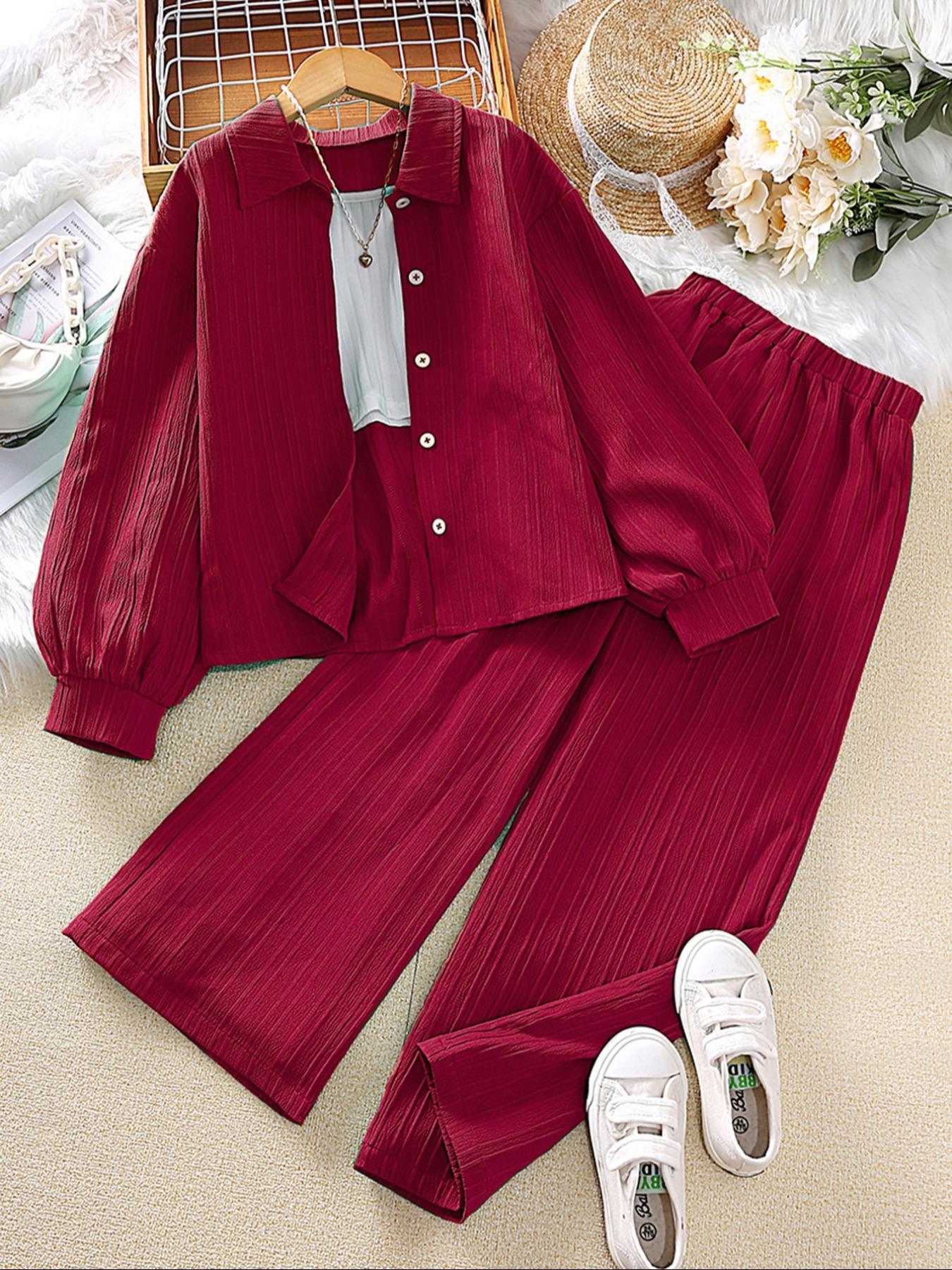 Two-piece Set Girl's Solid Color / Bow Pattern Shirt & Pants Set, Suits, Casual Long Sleeve Collared Top & Trousers for Spring & Fall, Kids Clothes for Daily Wear