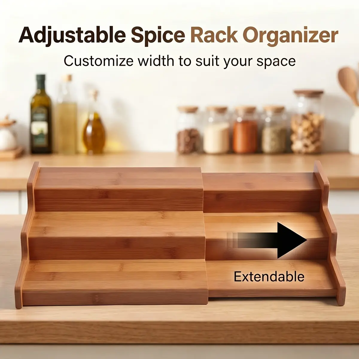 Spice Rack (1/2 Pack Optional), Bamboo Multi-Layer Condiment Organizer, Kitchen Cabinet Storage Essential