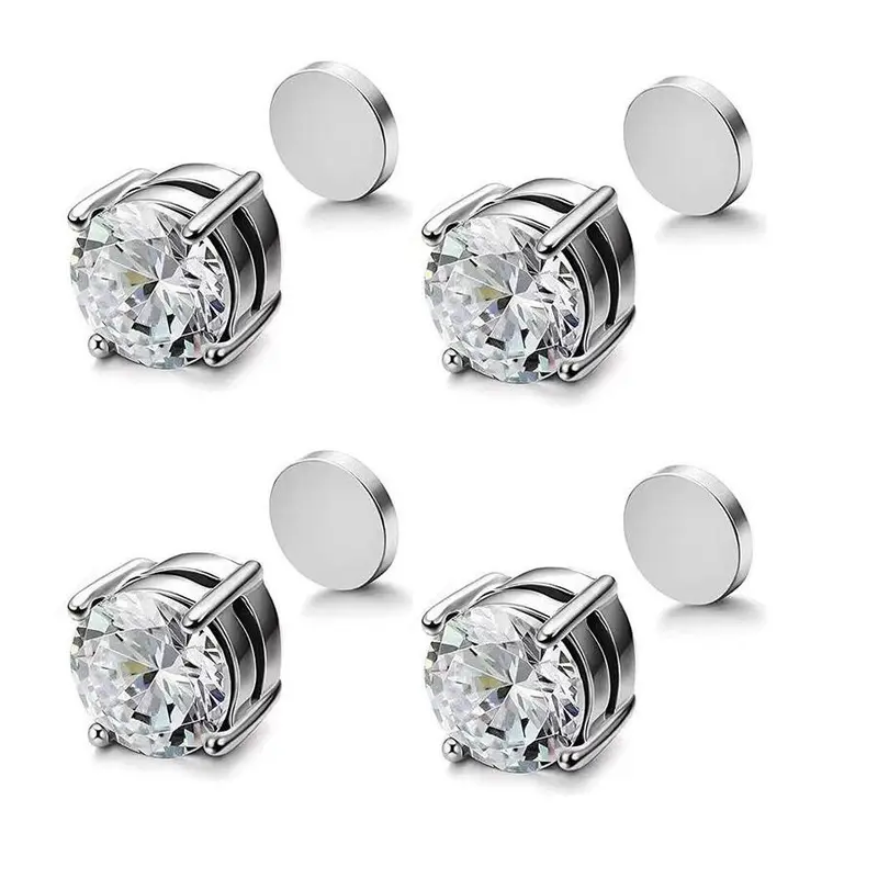 Stainless Steel Magnetic CZ Stud Earrings - 6-8mm Magnetic Button Jewellery, Minimalist Silver-Tone, Non-Piercing Temporary, Allergy-Free Unisex Fashion Accessories for Christmas, Anniversary, All Seasons