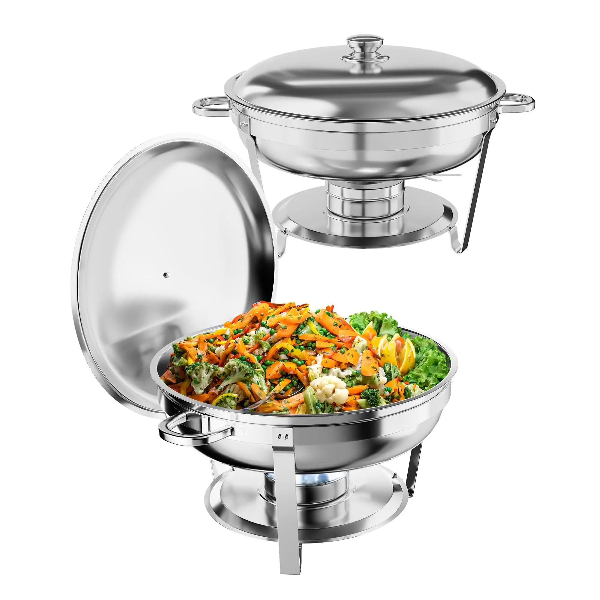 Sturdy 5QT Round Stainless Steel Chafing Dish Buffet Set, Stackable Food Warmer with Lids, Pans, Stand, Spoon, Tongs, Dishwasher Safe for Catering Parties, Banquets, Dessert