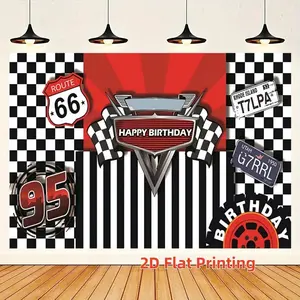 2D Flat 1pc American Racing Theme Birthday Background Cloth, Checkered Flag Element, Polyester Material, Car Party Decor