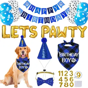 Dog Birthday Decorations, Multi Sizes Dog Birthday Hat with Numbers Bandana Bow Tie Banner LETS PAWTY Balloons for Dogs Pets (X-Large, Blue)