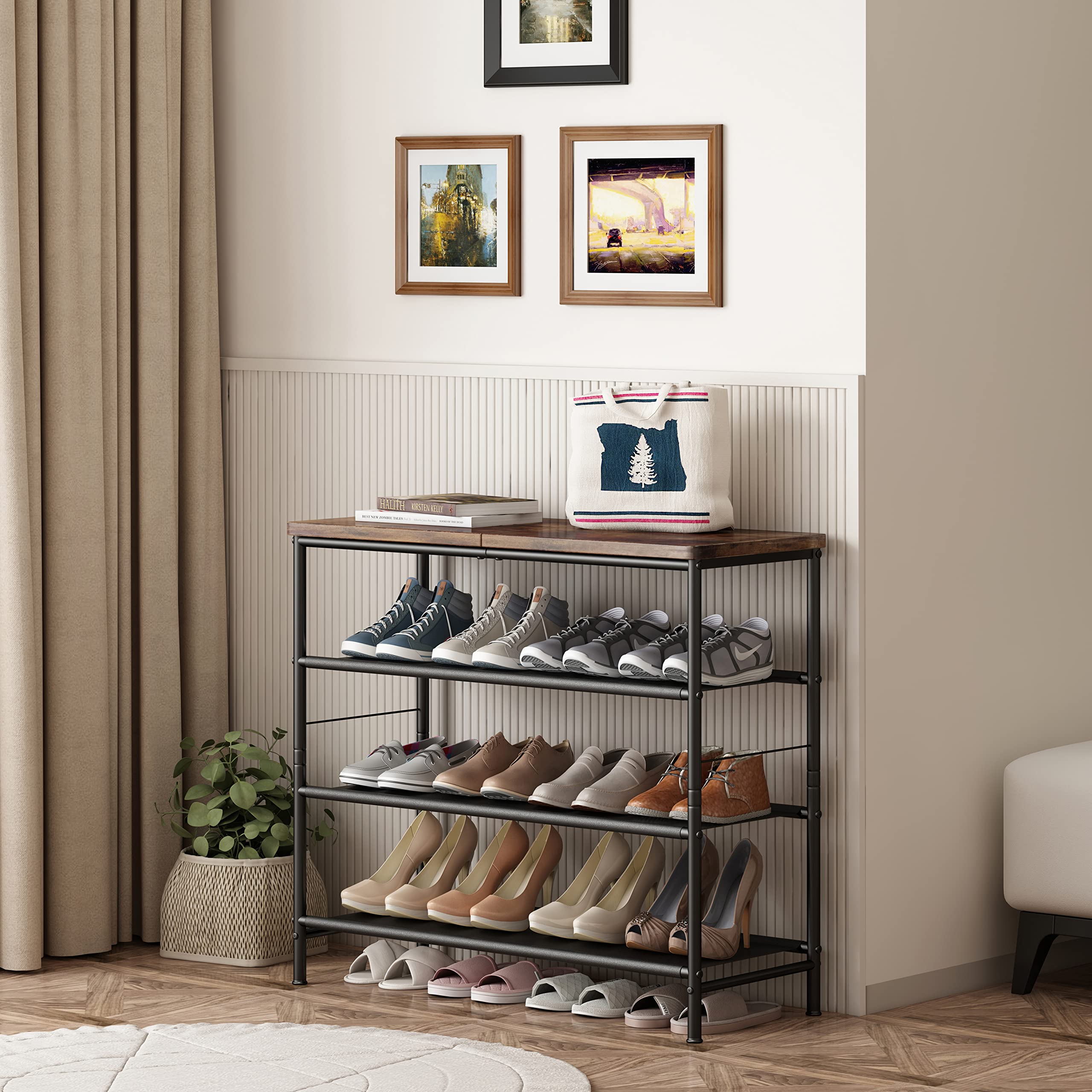 Shoe Rack Organizer 4/ 5/ 6/ Tier Metal Organizer Shelf with Industrial MDF Board and Layer Fabric for Entryway Closet Bedroom Living Room Garage,Black & Rustic Brown【A001】 Deals For You Days Footwear Organization summerwins