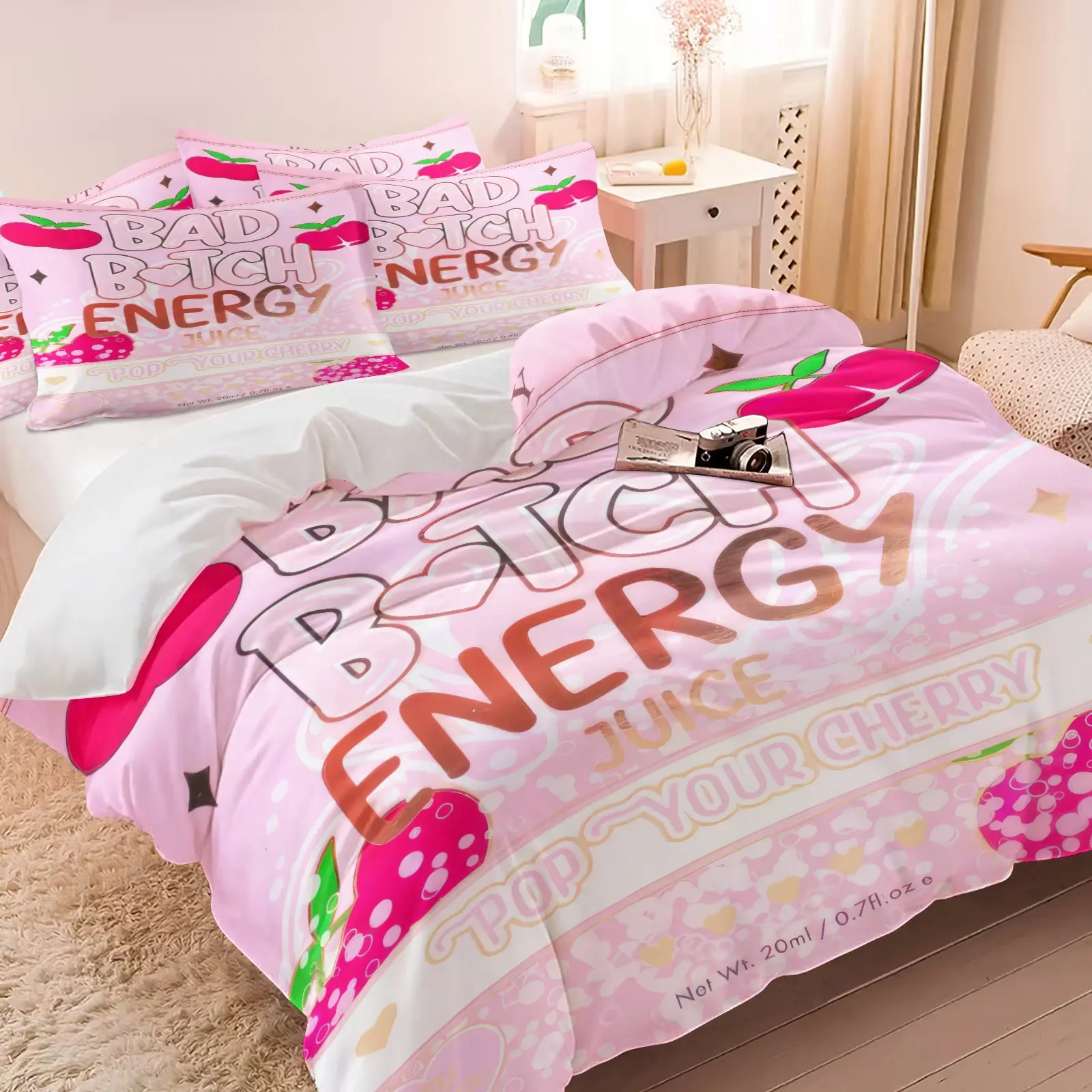 Y2K Pastel Bad Bitch Energy Cherry Juice Print Bedding Set, 1 Duvet Cover + 1/2 Pillowcases, HD Digital Printing Long Lasting Colorfast Print, Cozy Smooth All Season Microfiber Bed Linen, Fun Unique Birthday Holiday Gift for Teen Girls Bedroom Decor