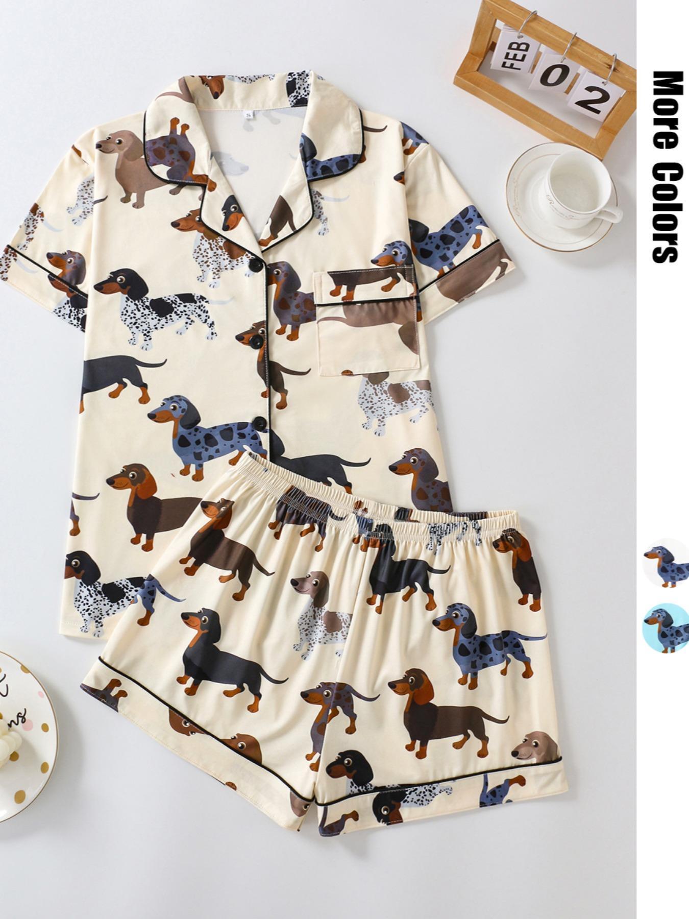 Women's Cartoon Dog Print Short Sleeve Matching Pajamas Two-piece Set, Casual Comfy Lapel Neck Button Design Pj Set for Daily Home Wear, Ladies Sleepwear for All Seasons, Loungewear,  Pastel Cute Pajamas, Breathable Stylish Pajama, Cute Pajama Sets