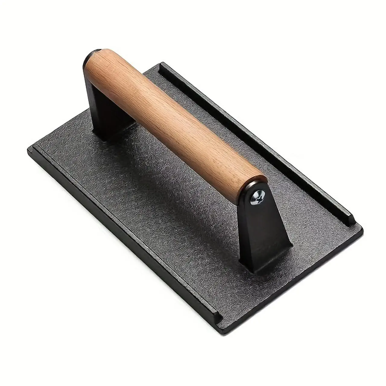 Cast Iron Meat Press Board, Grill Steak BBQ Plate, Rectangular Round Striped Pattern, No Coating, Elm Wood Handle, Barbecue Utensils, Kitchen Use, Bbq Tools, Barbecue Cooking Kitchen