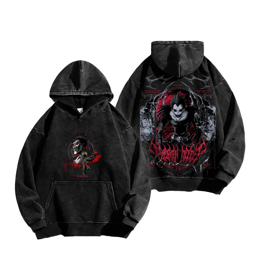 Unisex Vintage Washed Death Note Pullover Hoodie, Ryuk Front and Back Graphic Print Fleece Sweatshirt, Retro Washed Oversized Streetwear Hooded Top for Men Women, Multiple Colors Available