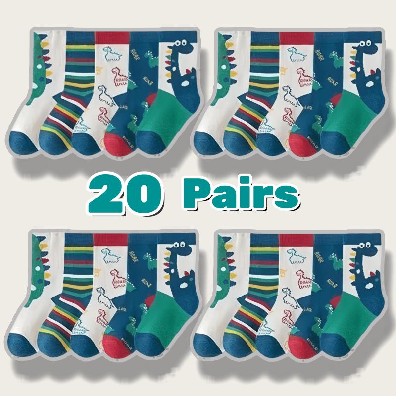 New20-Pack Kid's Dinosaur Cartoon Calf Socks - Polyester & Spandex Blend, Knit Fabric, Soft Warm Athletic Mid-Tube Footwear for Kids Aged 12 & Under, Hand Washable - Multicolored