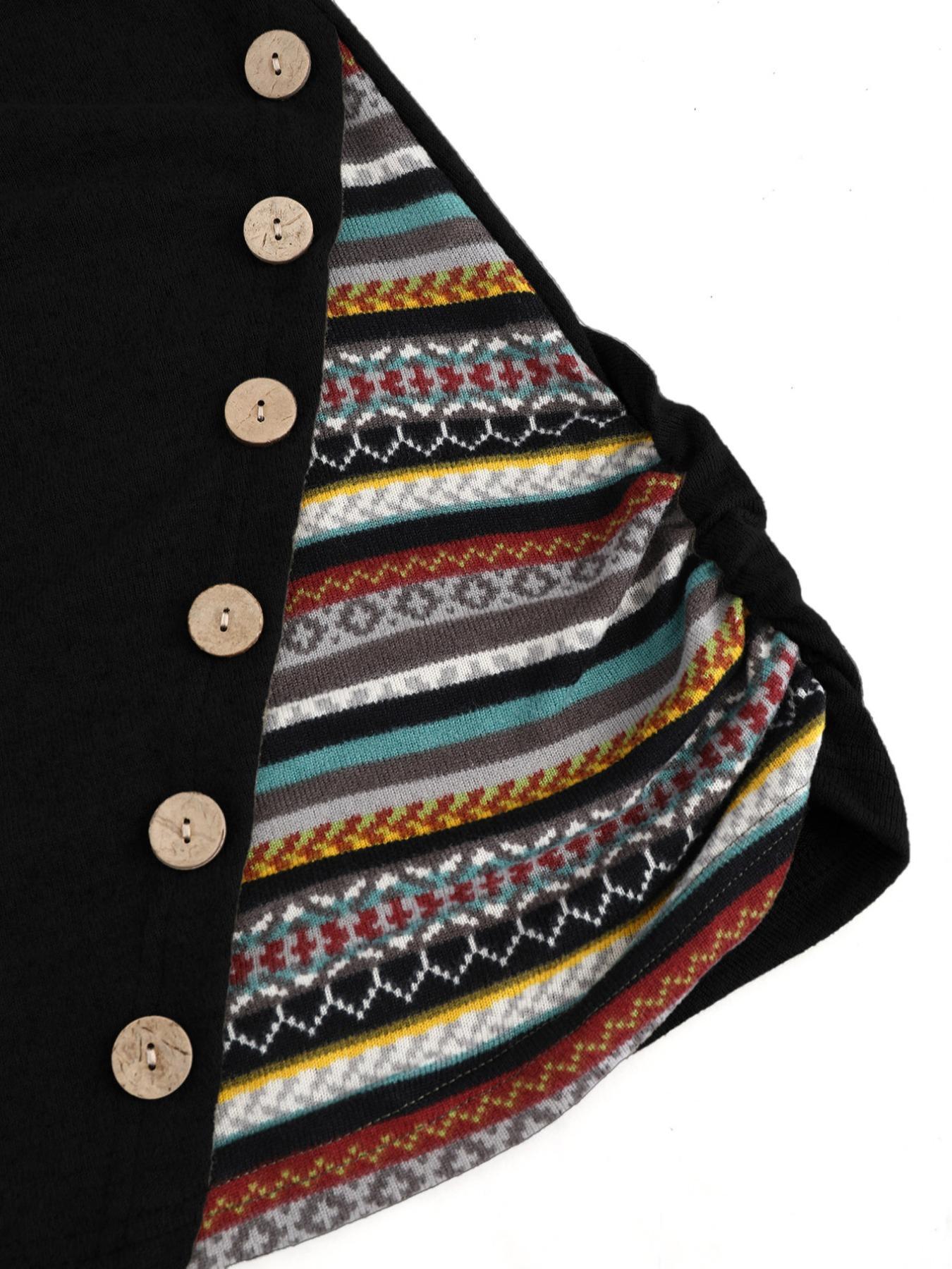 Women's Ethnic Pattern Patchwork Button Decor Hooded Dress, Casual Long Sleeve Bodycon Dress for Daily Outdoor Wear, Women Knitwear for Fall, Womenswear Clothes