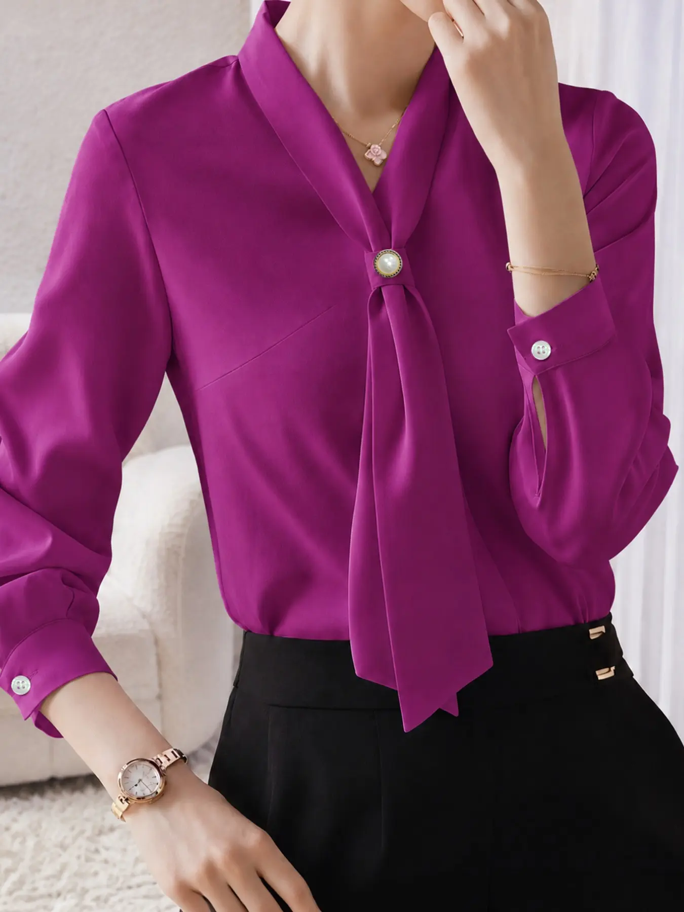 Elegant, Chic and intellectual style solid color satin women's shirt blouses with small V-neck and pearl buckle design, long sleeved top, versatile for women's workplace commuting temperament