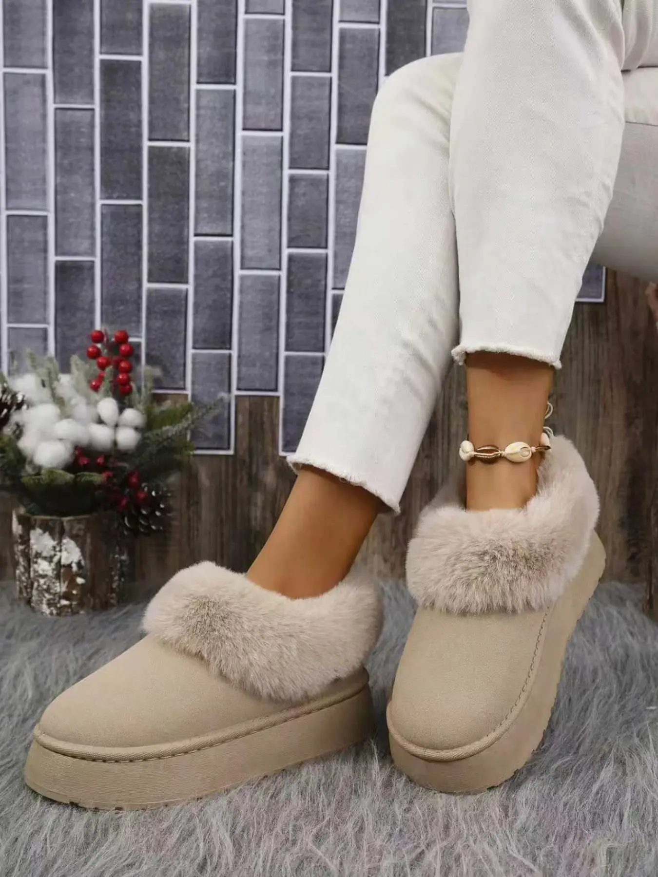 Women Platform Fuzzy Snow Boots, Slip-On Fluffy Faux Fur Collar, Winter Warm Thick Sole Ankle Booties, Anti-Slip Comfort Short Snow Shoes