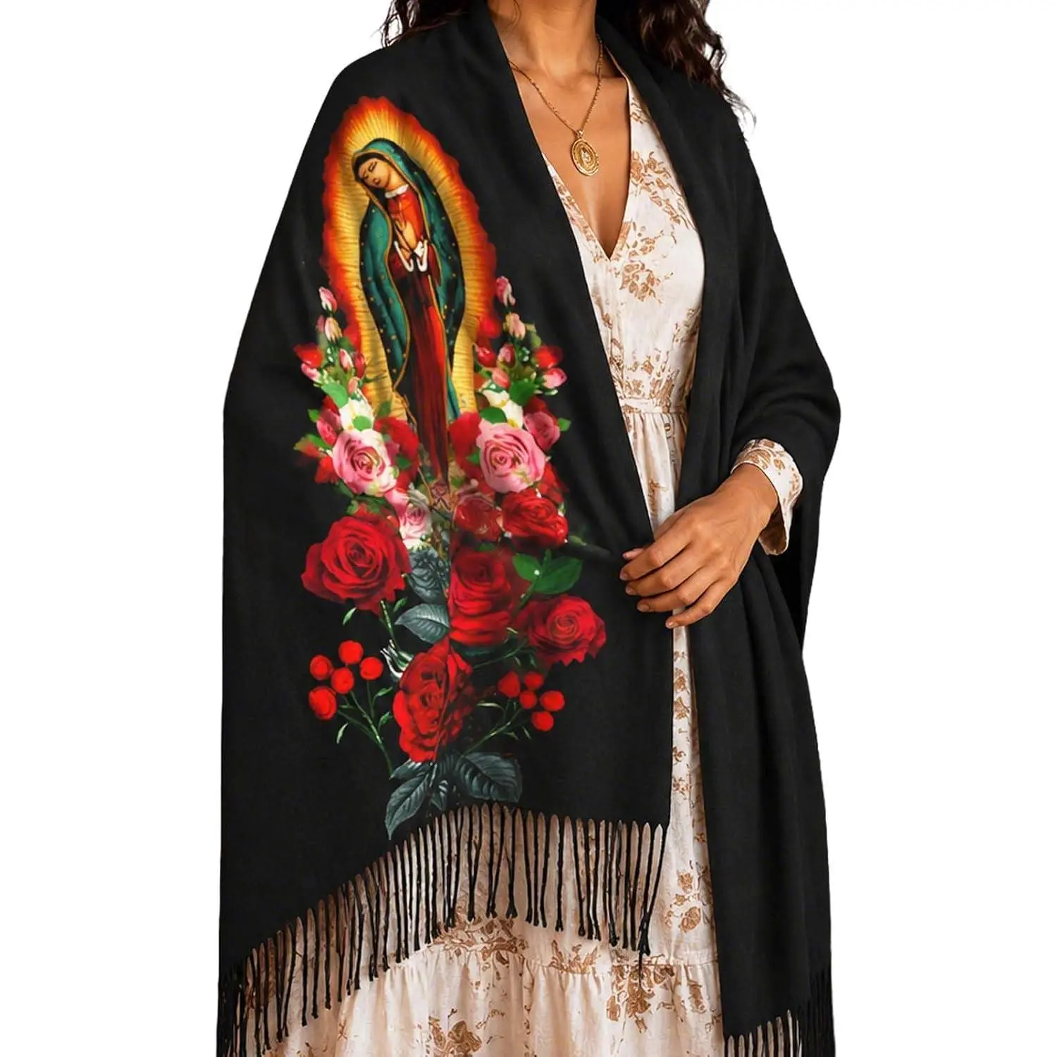 Women's Religious Virgen de Guadalupe Polyester Shawl Wrap - Traditional Ethnic Party Wear Scarf, Polyester Clothing, Ceremony, All Season, Unisex, Wrap Style, Birthday, Polyester Clothes, Daily