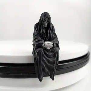 Death God Statue, Seated Pose, Holding Cup, Empty Expression, Cool Desktop Decor for Home Office, Great Gift for Friends