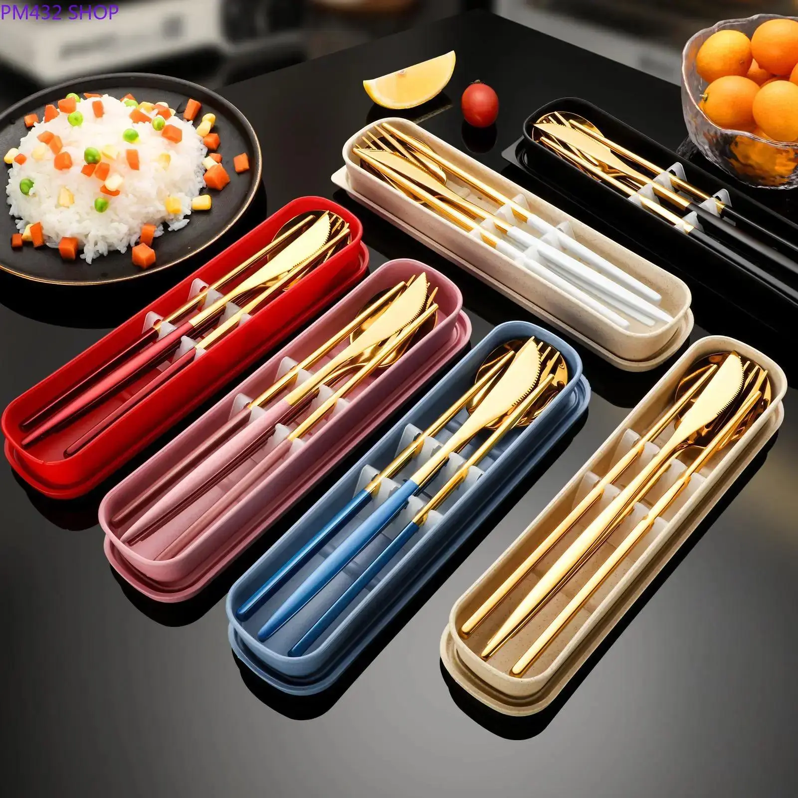 Stainless Steel 4-Piece Cutlery Set with Storage Box - Portable Reusable Utensils Spoon Kit, Gold Tableware for Home, Travel Use, Portable Kit