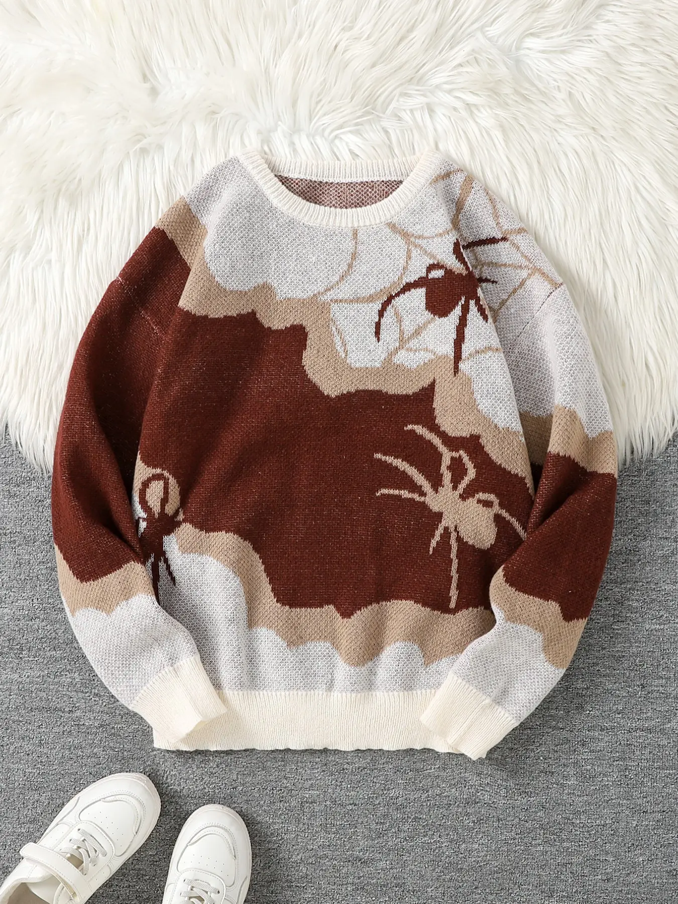 Men's Spider Web Jacquard Pattern Sweater, Unisex Fall Winter Casual Fitted Pullover, High-Quality Soft Round Neck Top