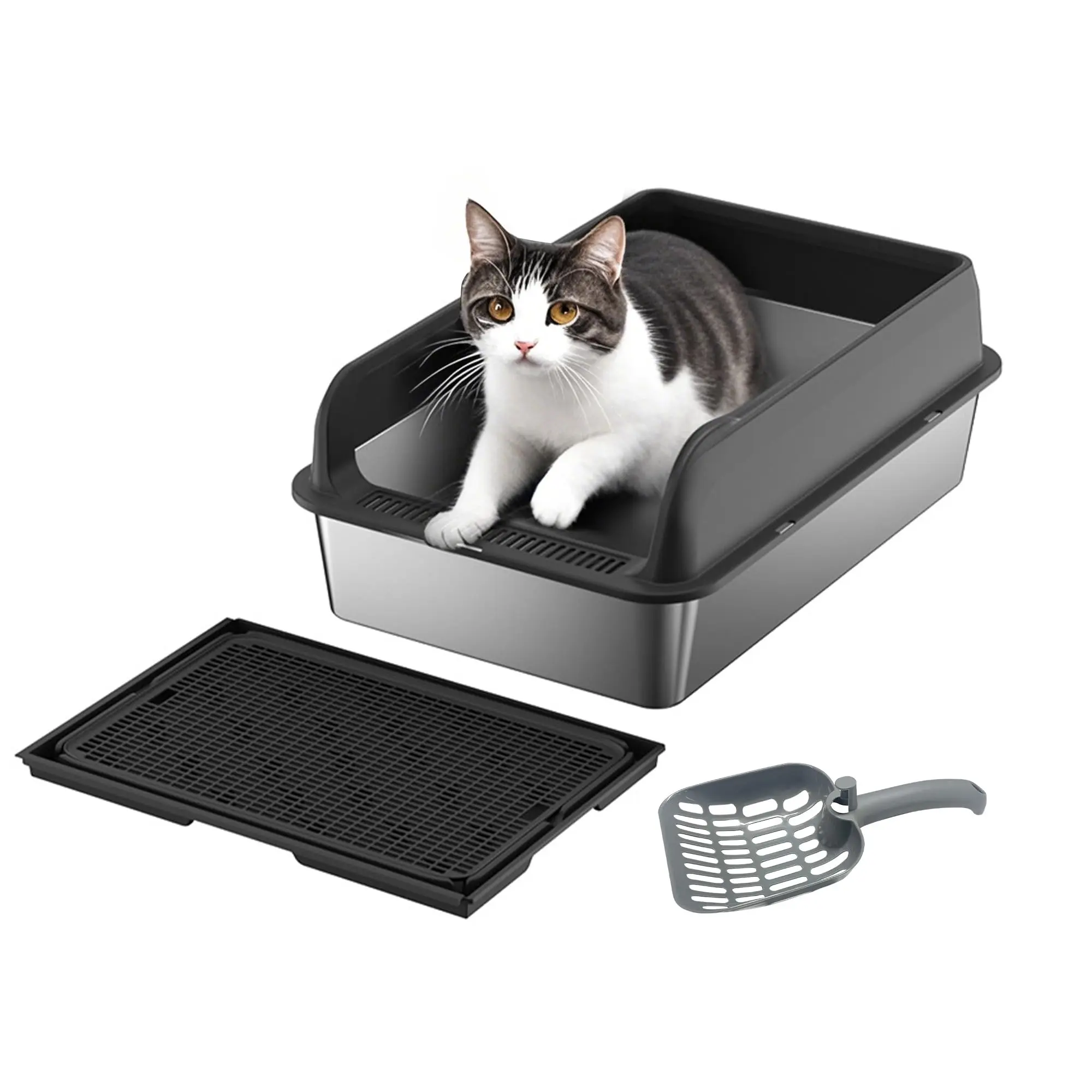 GARVEE Stainless Steel Litter Box (60x40x25cm) - Single Unit Extra Large High-Sided Metal Tray with Non-Slip Mat, Scoop, Anti-Leakage, Easy-Clean, Odor-Resistant Design for Cats