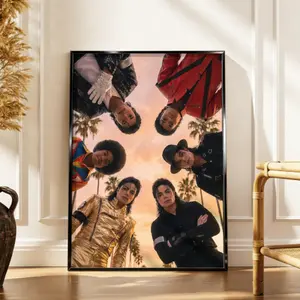 Michael Jackson Era Costumes Canvas Wall Art Poster, Iconic Stage Outfits Group Music Print with Sunset Backdrop, Retro Pop Music Artwork, Waterproof Canvas Decor for Bedroom Studio Dorm Living Room, Gift for Music Fans, Artistic Wall Decoration