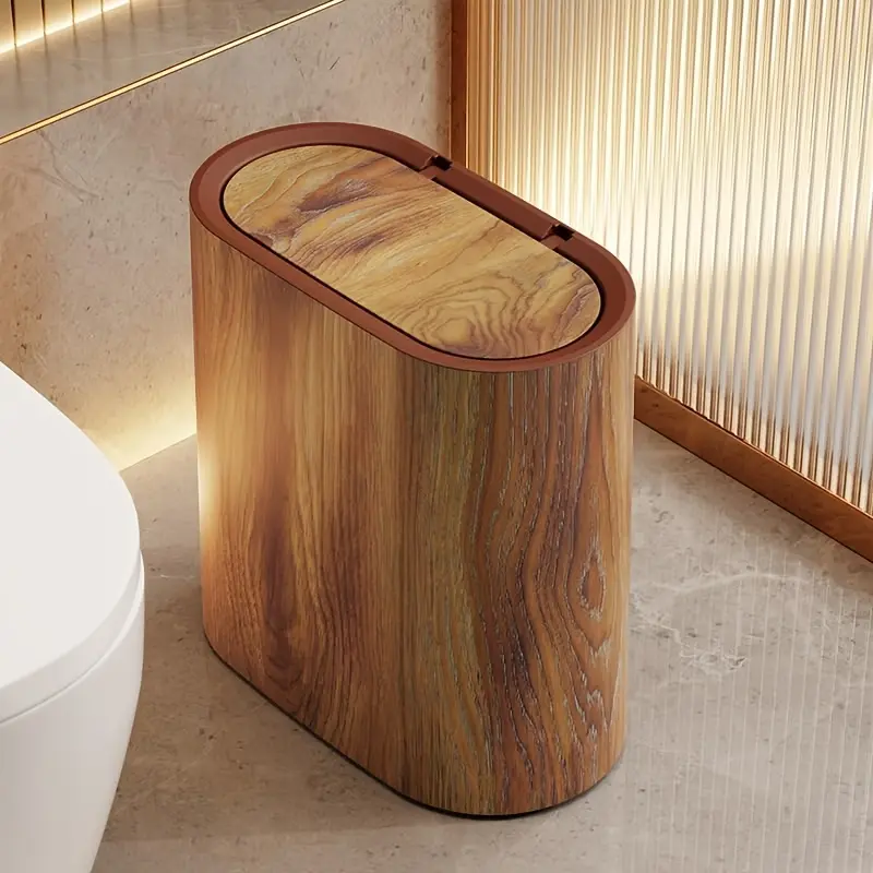 1 Marble and Wood-Grain Bathroom Trashcan with Lid and Plastic Inner Bin – Easy to Clean, Rust-Resistant, Space-Saving; Suitable for Bathrooms, Laundry Rooms, and Home Offices, Bathroom Garbage Can