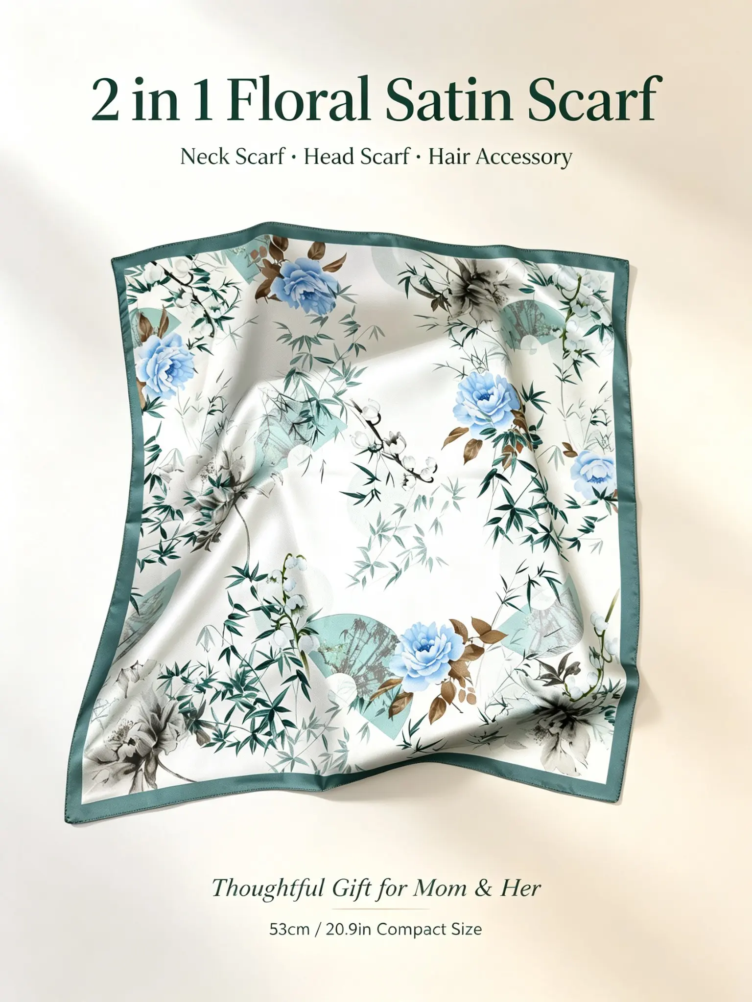 New Traditional Floral Satin Small Scarf 53cm, Versatile Necktie Headscarf, Elegant Hair Accessory, Mother's Day Gift for Mom and Girlfriend