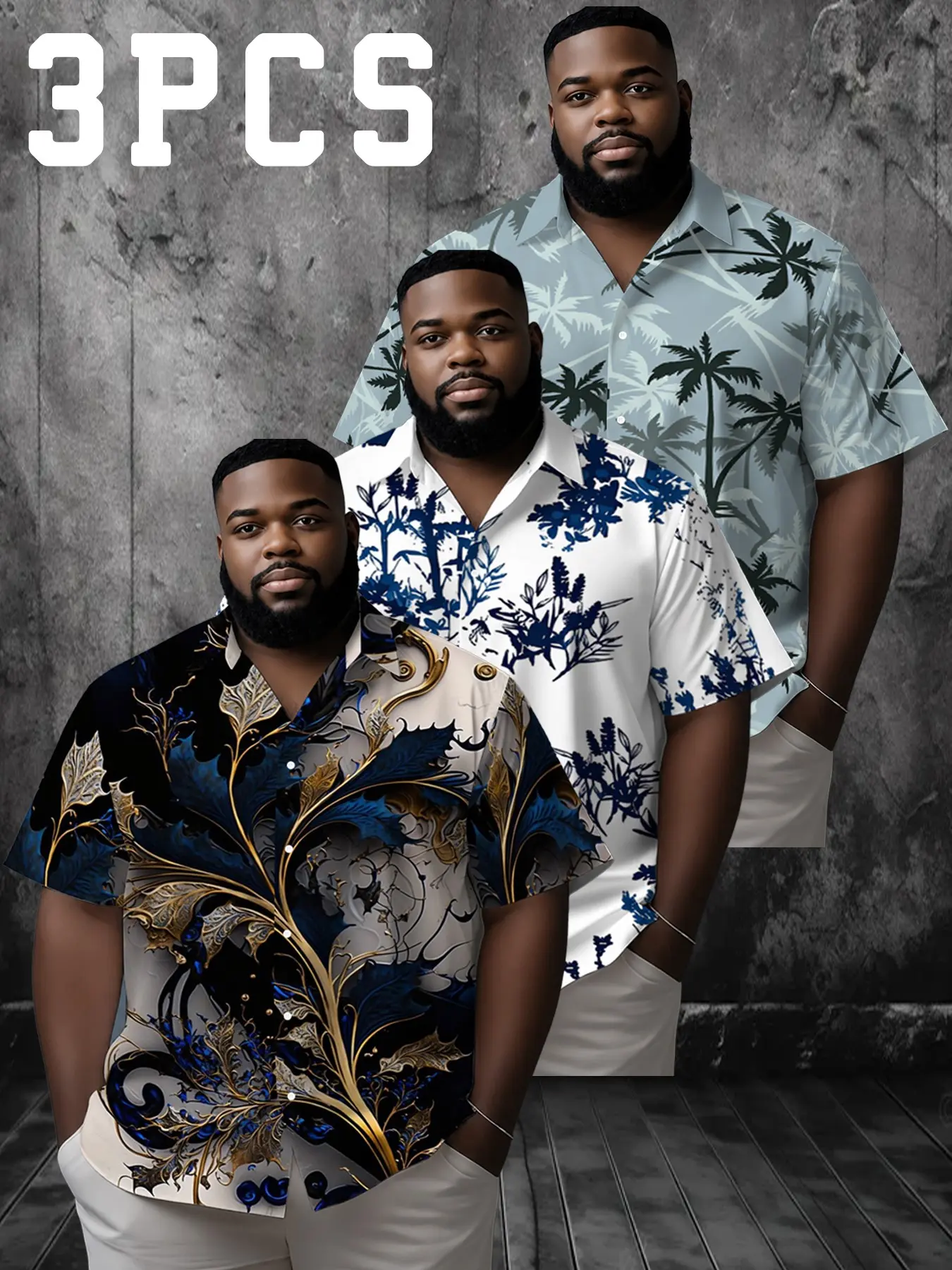 3-Pack Plus Size Men's Hawaiian Tropical Print Short Sleeve Shirts Top, Casual Printed Vacation Floral Button-Downs, Summer Atmosphere