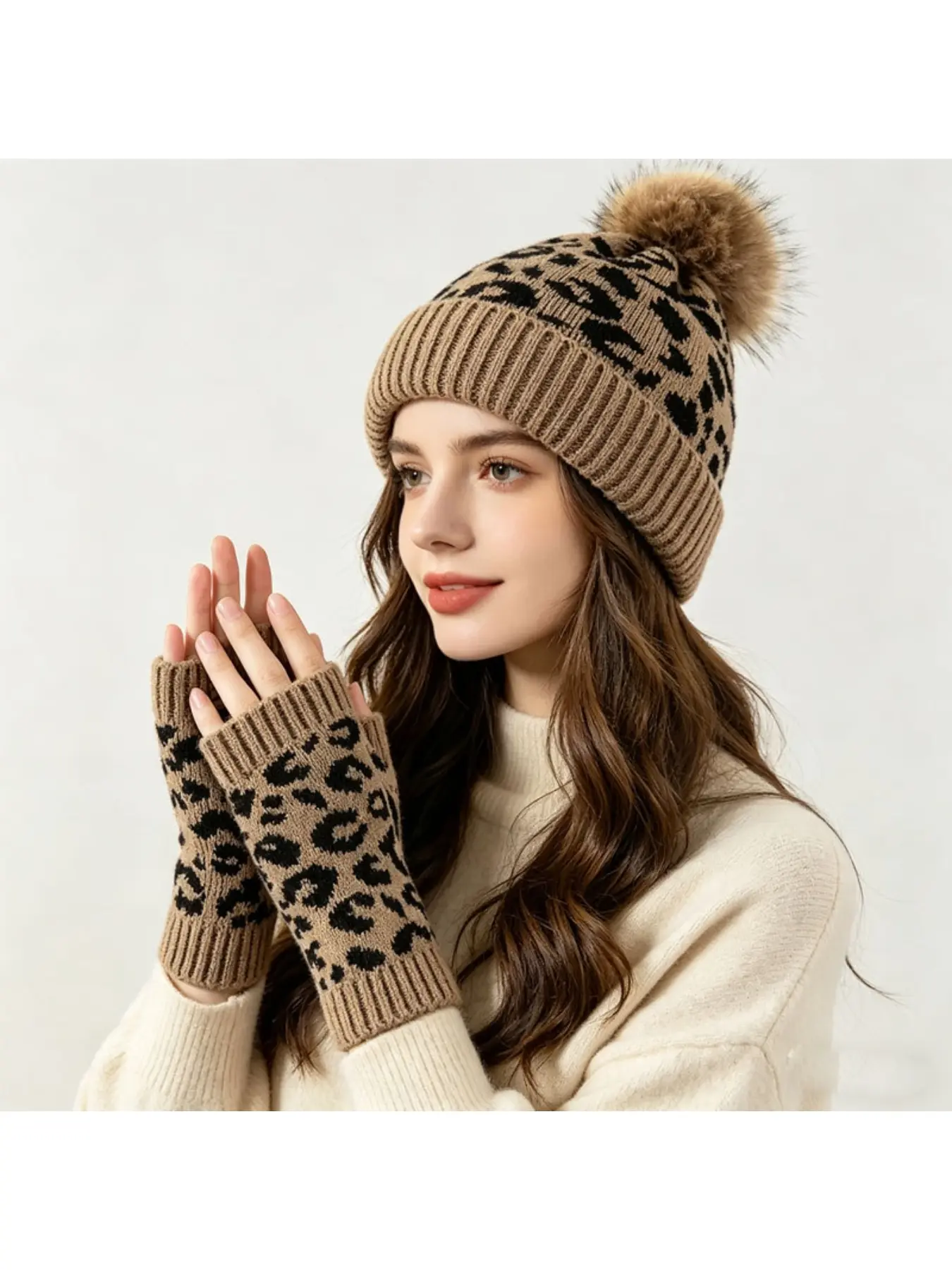 2026 New Women's Leopard Print Hat and Gloves Set, Knit Beanie Winter Two-Piece Outfit