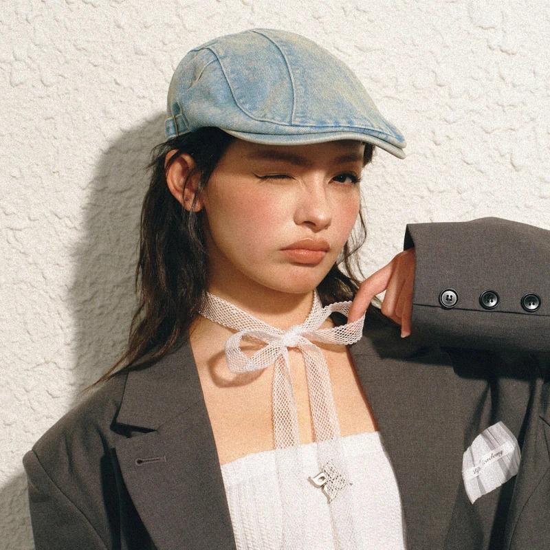 1pc Women's Classis Retro Beret Classis Denim Retro Newsboy Caps for Men,Summer Solid Washed Adjustable Flat Caps Visor Hat