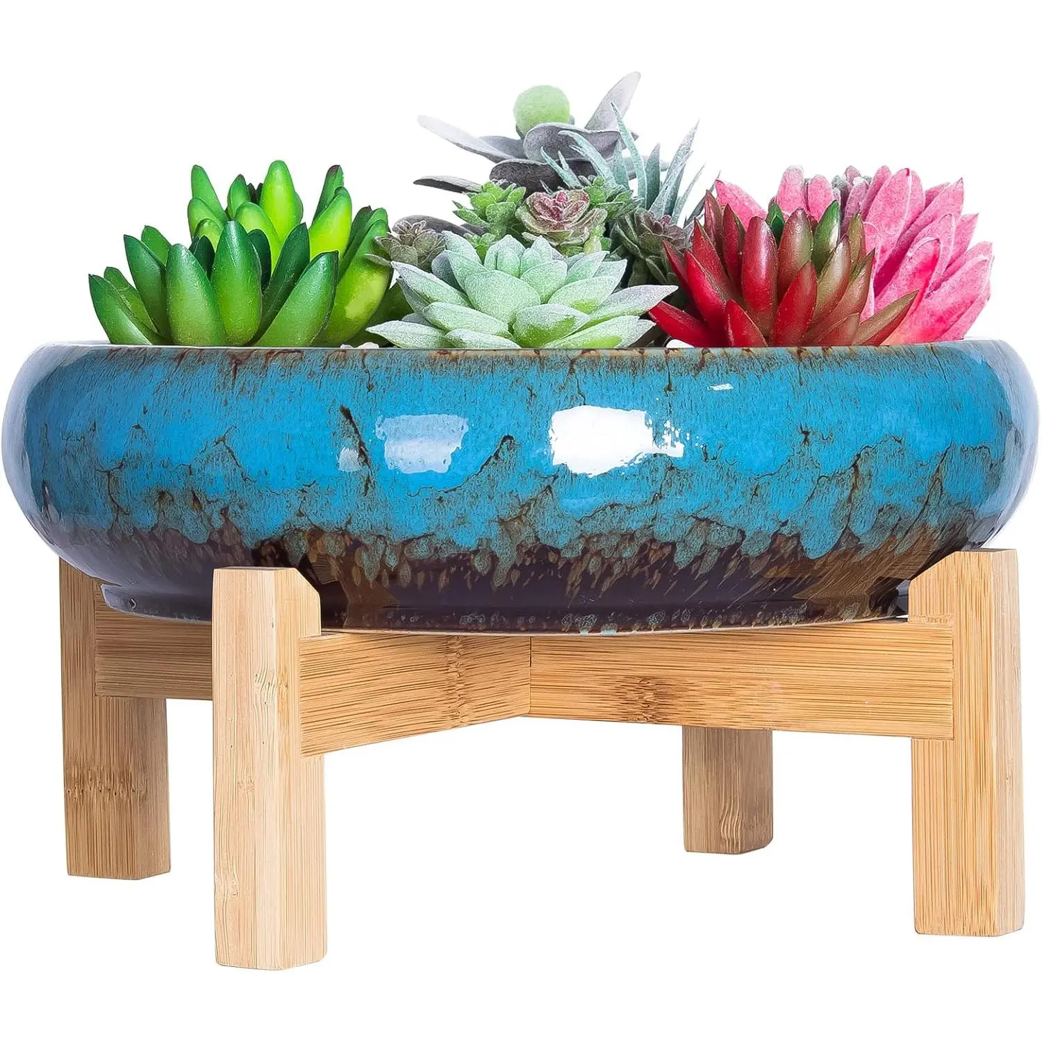 Succulent Pots - Large Succulent Planters Pots with Drainage, 10 Inch Ceramic Bonsai Pot with Stand Round Shallow Planter for Indoor/Outdoor  Decorative Garden Cactus Flower Container Bowl