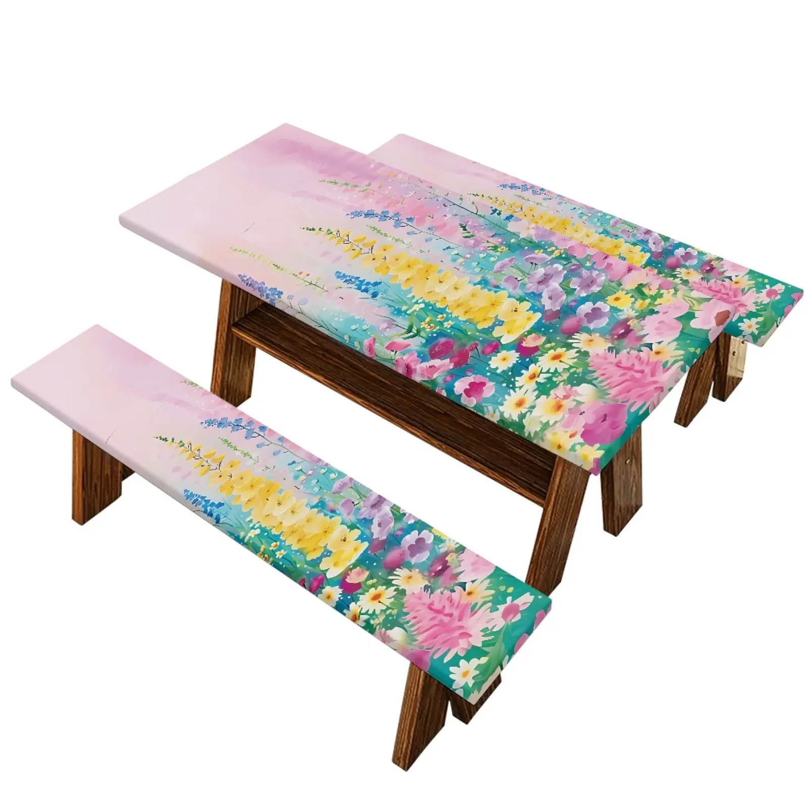 72X30 Inch Stretch Fitted Picnic Tablecloth and Bench Cover Set, Waterproof Heavy Duty Outdoor Tablecloth, Sunflower Wildflower Rustic Print, Slip Resistant Easy Clean Protector for Backyard, Park, BBQ, Picnic, Camping