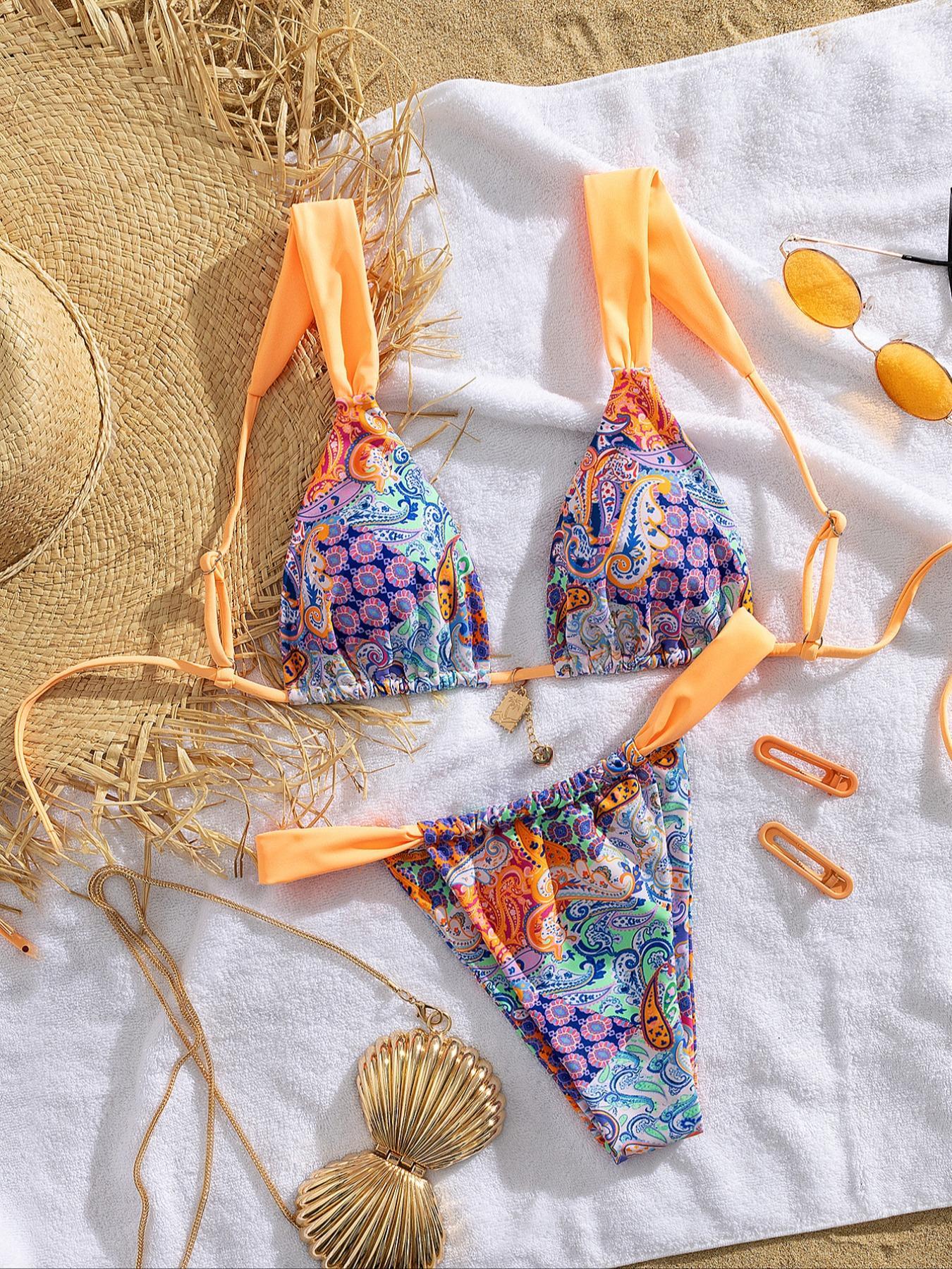 Women's Patchwork Print Bikini Set, Casual Adjustable Strap Tie Back Swim Top & Swim Bottom, Women's Swimsuit for Summer Beach Holiday Vacation, Patchwork Bikini Sets