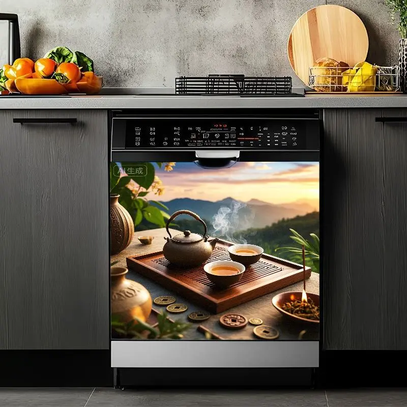 2D Flat 2Pcs Dishwasher Cover Stickers Traditional Tea Ceremony Pattern Waterproof Decorative Appliance Oriental Zen Teapot Design Mountain View Kitchen Decor Self-adhesive Removable Refrigerator Cabinet Washing Machine Vinyl Sticker