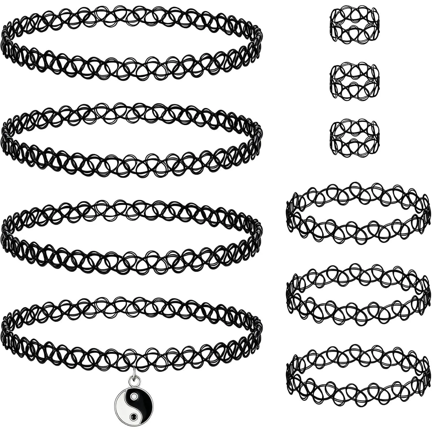 10 count 90s  Choker Necklace Bracelet Women, Retro Y2K Emo Accessories ﻿ | Black Stretch, Grunge, Alternative, Gothic, 10 count, Yin Yang