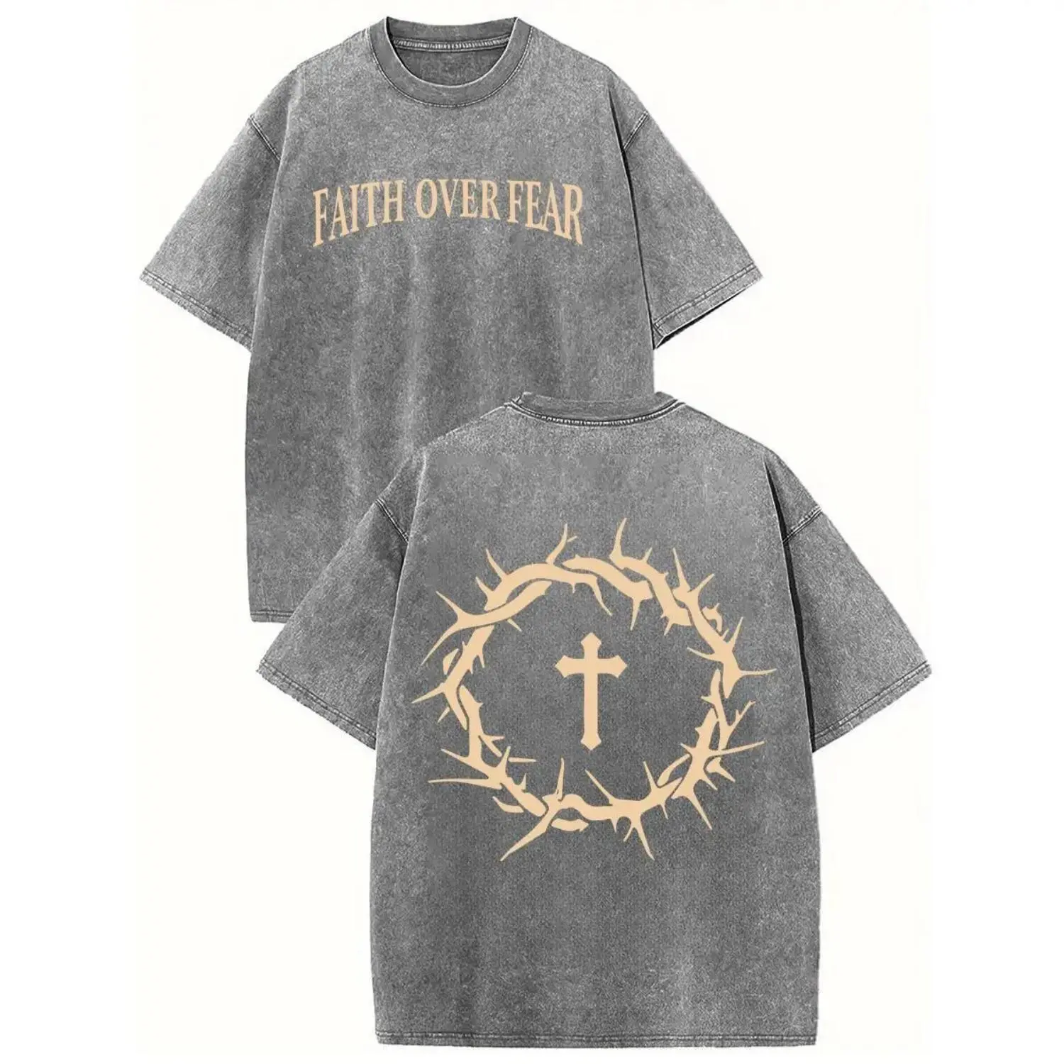 Women's Holafish Acid Washed Oversized Graphic Tee - Short-Sleeve, Round Neck, "FaithOverFear" Print, Casual, Comfortable Cotton, USA-Made Summer Top for Everyday Day Wear