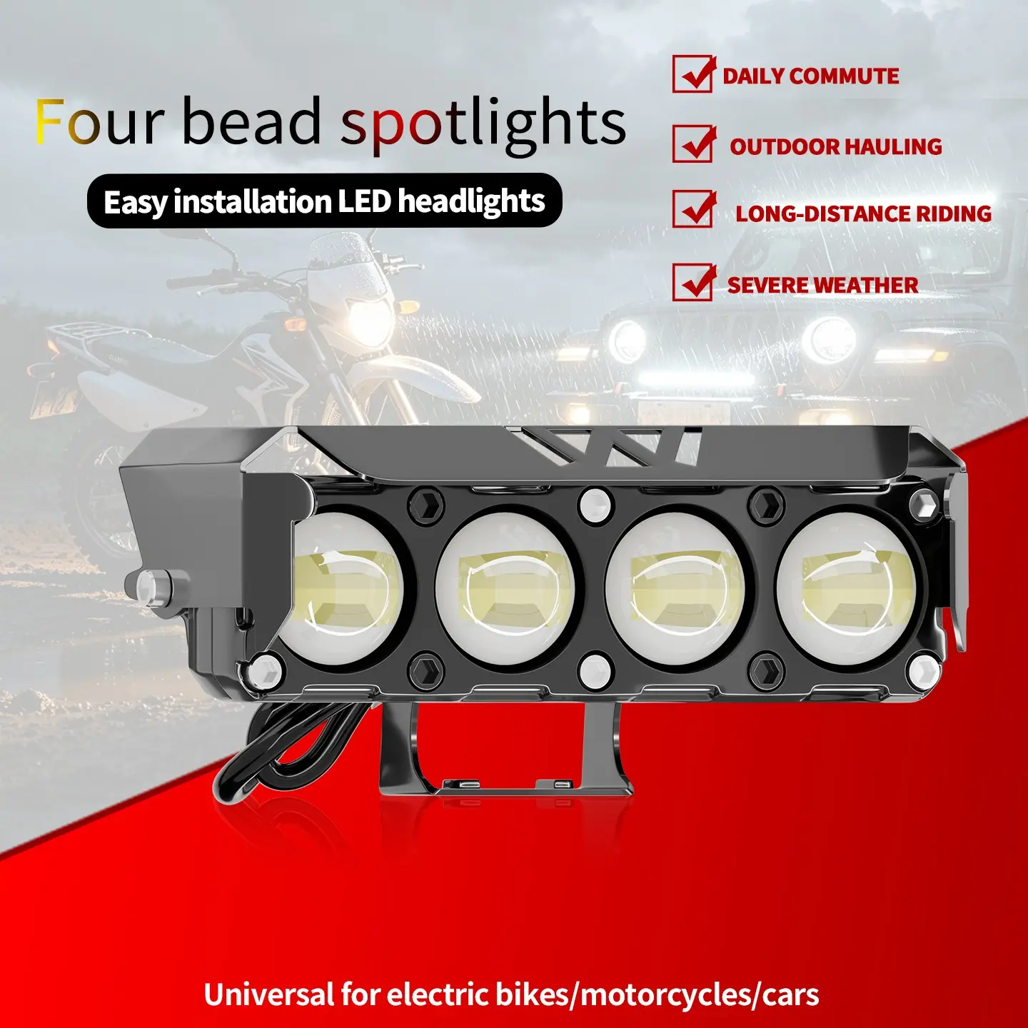 New Motorcycle LED Headlights, Dual Color High/low Beam, Brighter Lights, 4-Ball Lens, Suitable for Off-Road Driving, Road Legal